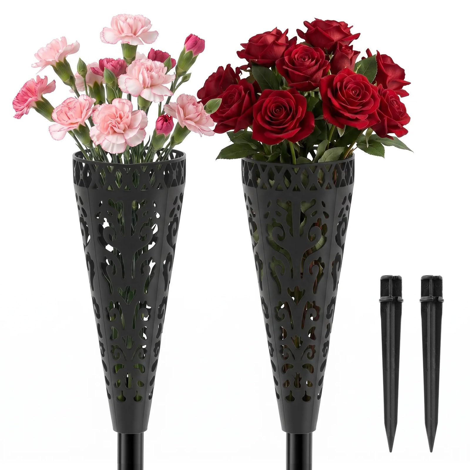 2 Pcs Grave Vase Memorial, Cemetery Ground Flower Holder, Cemetery Vase with Spike Stake, Grave Flower Holder Rack, Gravestone Ground-Insert Floral Basket, for Decoration Headstone Lawn