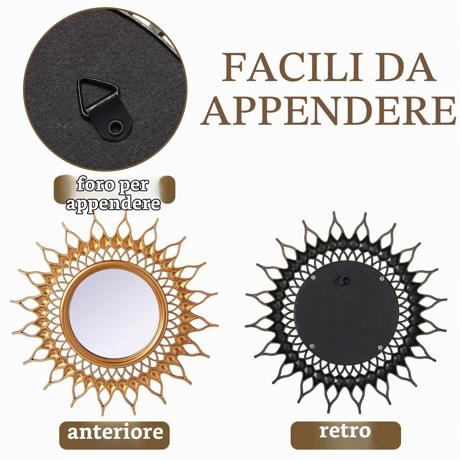 Namalu 6 Specchi d'oro per Decoro da Parete, Specchi di Sole Cerchio Piccolo Espejos Arte Decorativa da Parete in Oro Specchio d'Ingresso Sospeso a Forma di Cerchio per Casa Bagno Soggiorno Boho