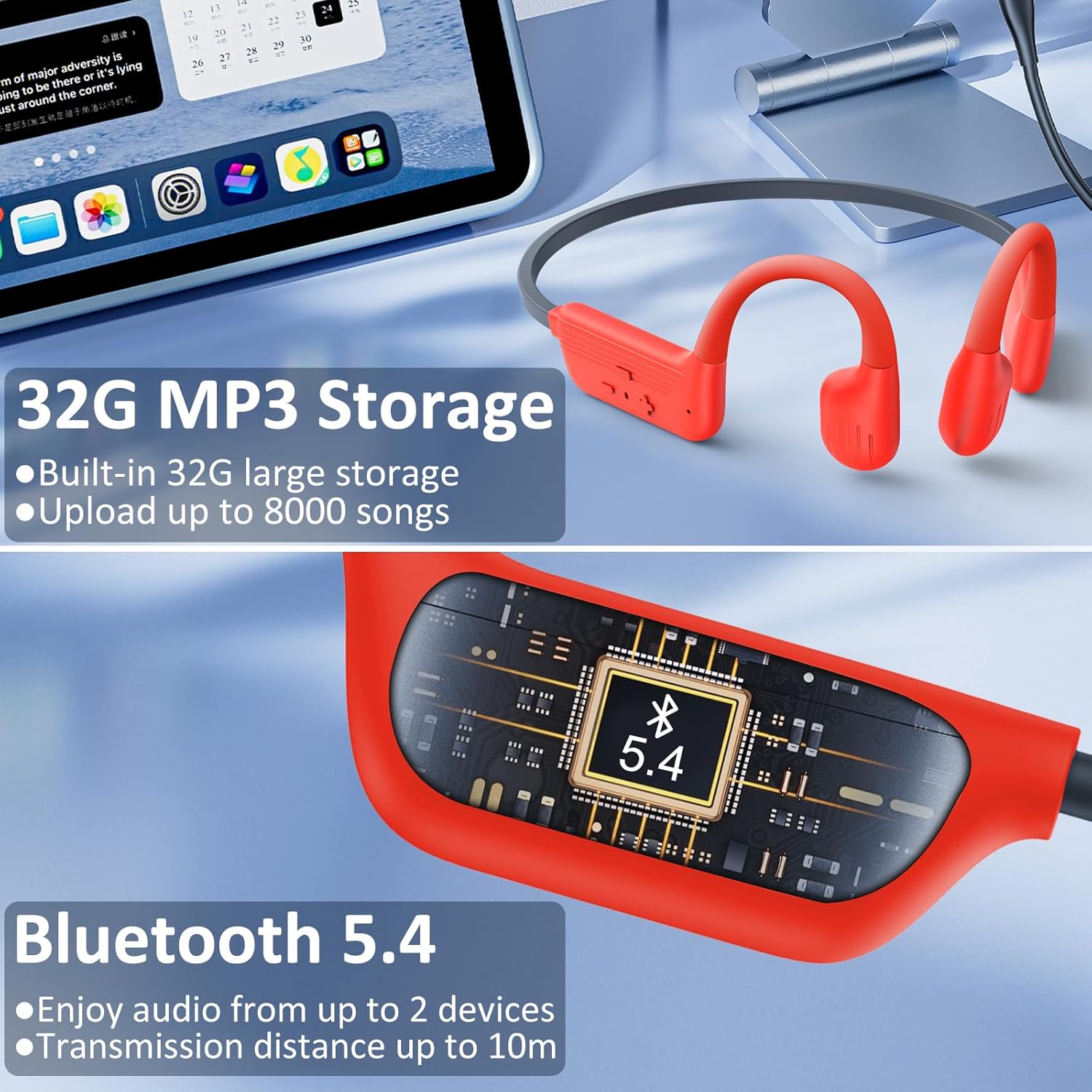 Swimming Headphones Soft Silicone, IP68 Waterproof Bone Conduction Headphones, 32GB MP3 Player & Bluetooth 5.4 Wireless Sport Earbuds, Secure Open Ear for Swimming, Running, Sports（Orange） - Image 4