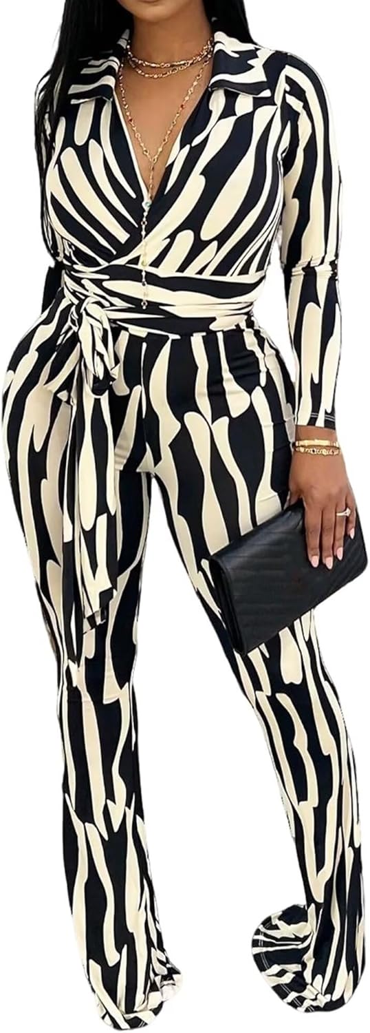 Ophestin Women 2 Piece Outfits V Neck Striped Print Long Sleeve Wrap Top Bodycon Flare Leggings Set Tracksuits Jumpsuit