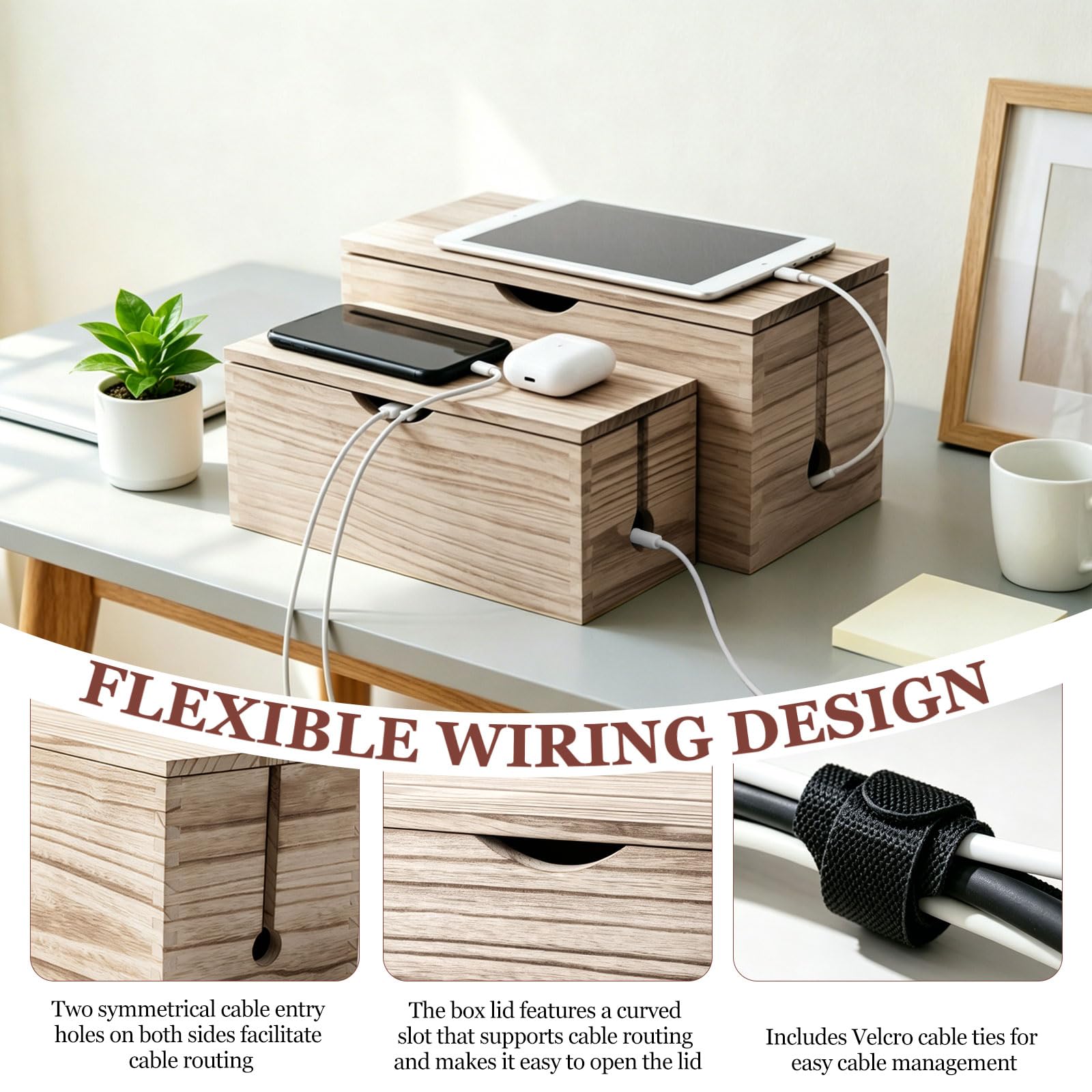 2 PCS Scatola Porta Cavi Legno, Nascondi Cavi Scrivania, Cable Management Box With Lid, Organizer Cavi Elettrici, Grande e Piccola, con Fascette, Marrone, per Ufficio e la Casa