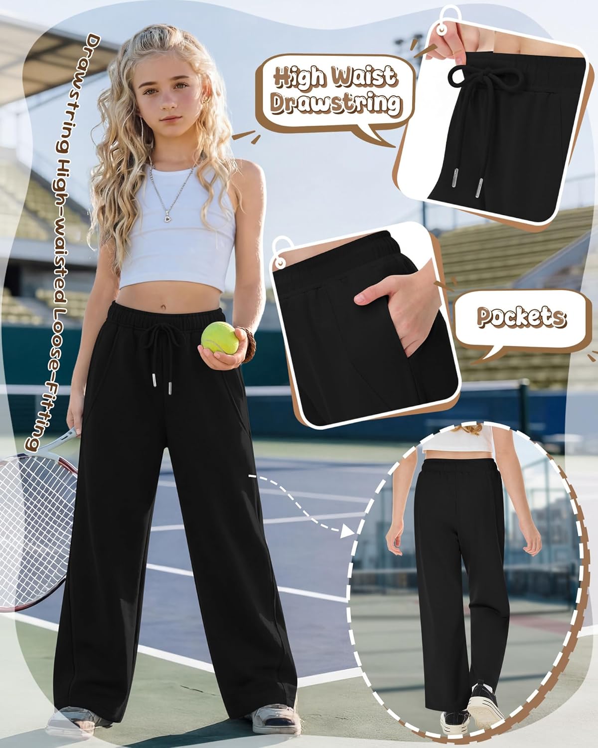 Girls Sweatpants Kids Wide Leg Baggy Athletic Sweat Pants Youth Drawstring Elastic Waist Casual Joggers with Pocket