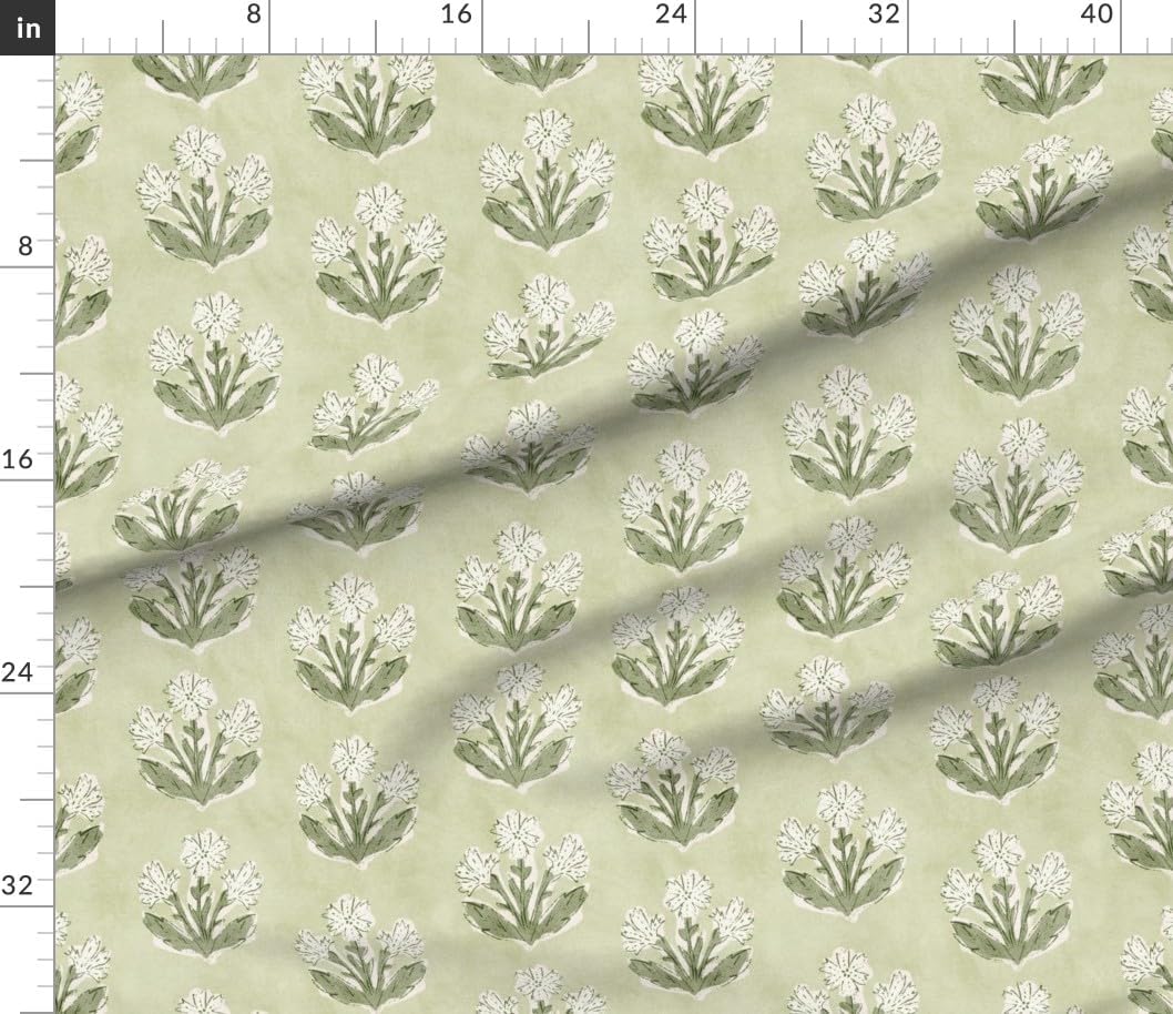 Spoonflower Fabric - Traditional Botanical Block Print Cottagecore Grandmillennial Preppy Printed on Petal Cotton Fabric Fat Quarter - Sewing Quilting Apparel Crafts Decor