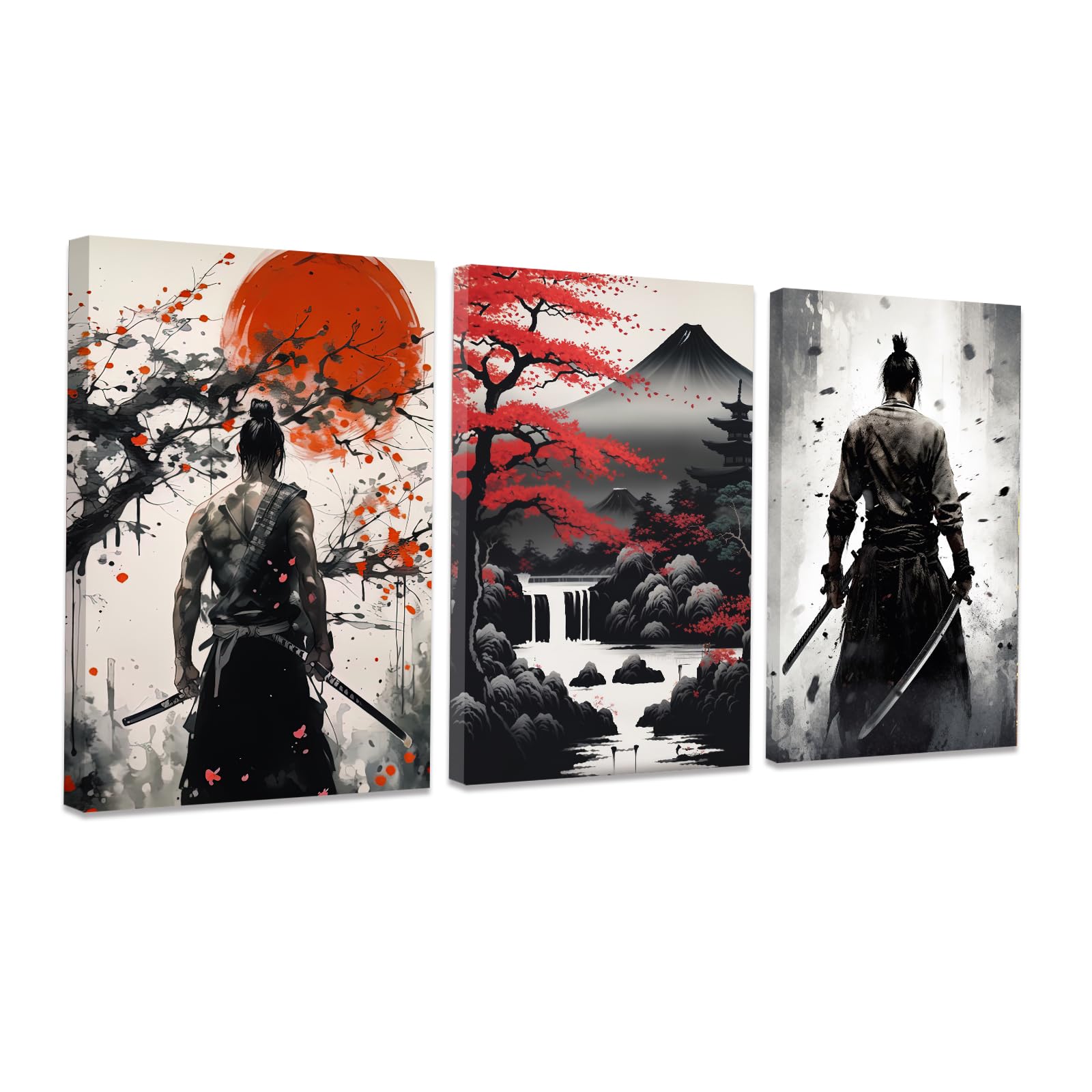 CCWACPP 3 Piece Samurai Wall Art Japan Painting Canvas Print Warrior Figure Pictures Bushido Posters Japanese Culture Theme Artwork Home Room Decor Framed (C