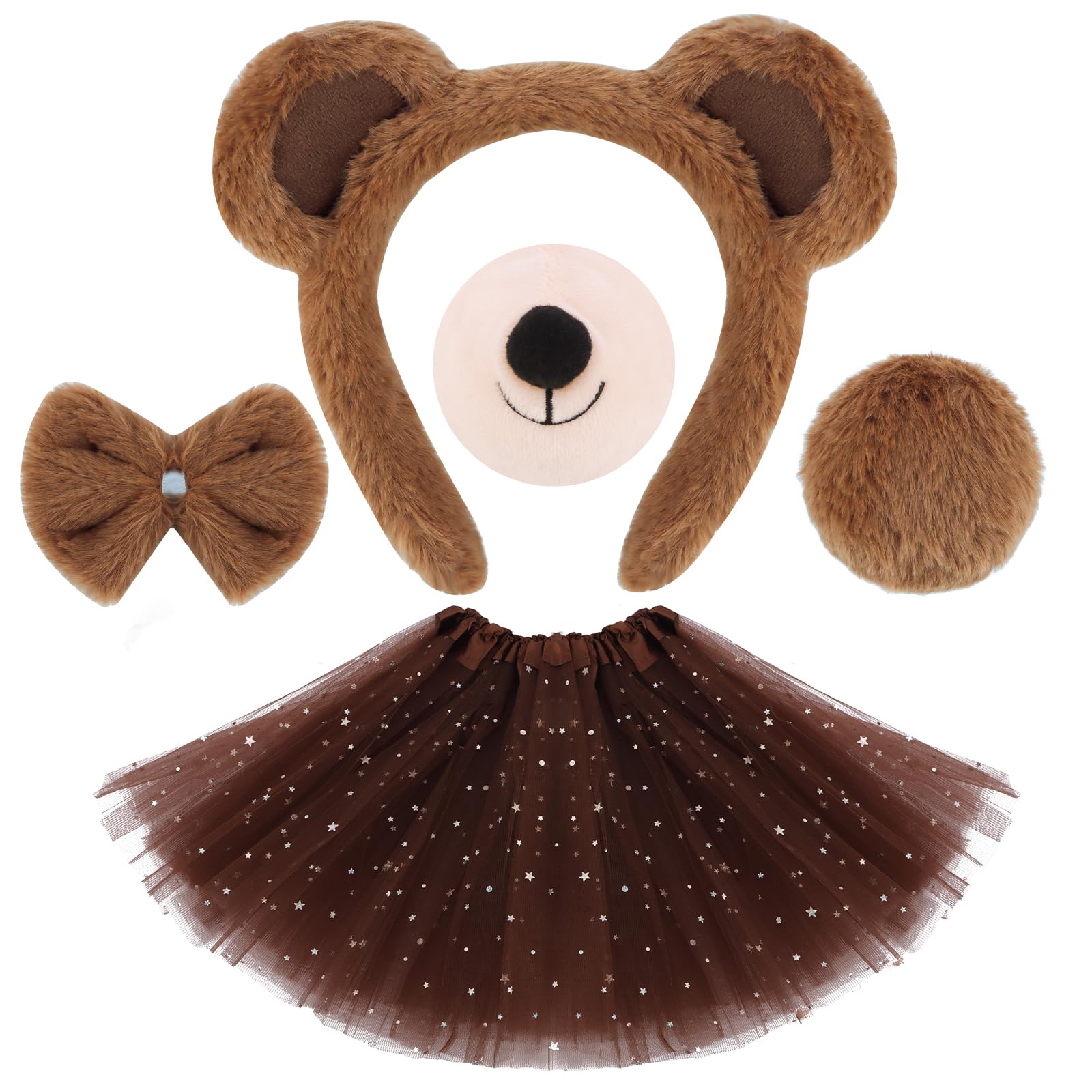 5Pcs Bear Costume Set - Bear Ears Headband, Nose, Bow Tie, Tail, Tutu Skirt for Halloween Cosplay Animal Costume, Furry Animal Headbands Hair Accessories for Gifts (Brown)