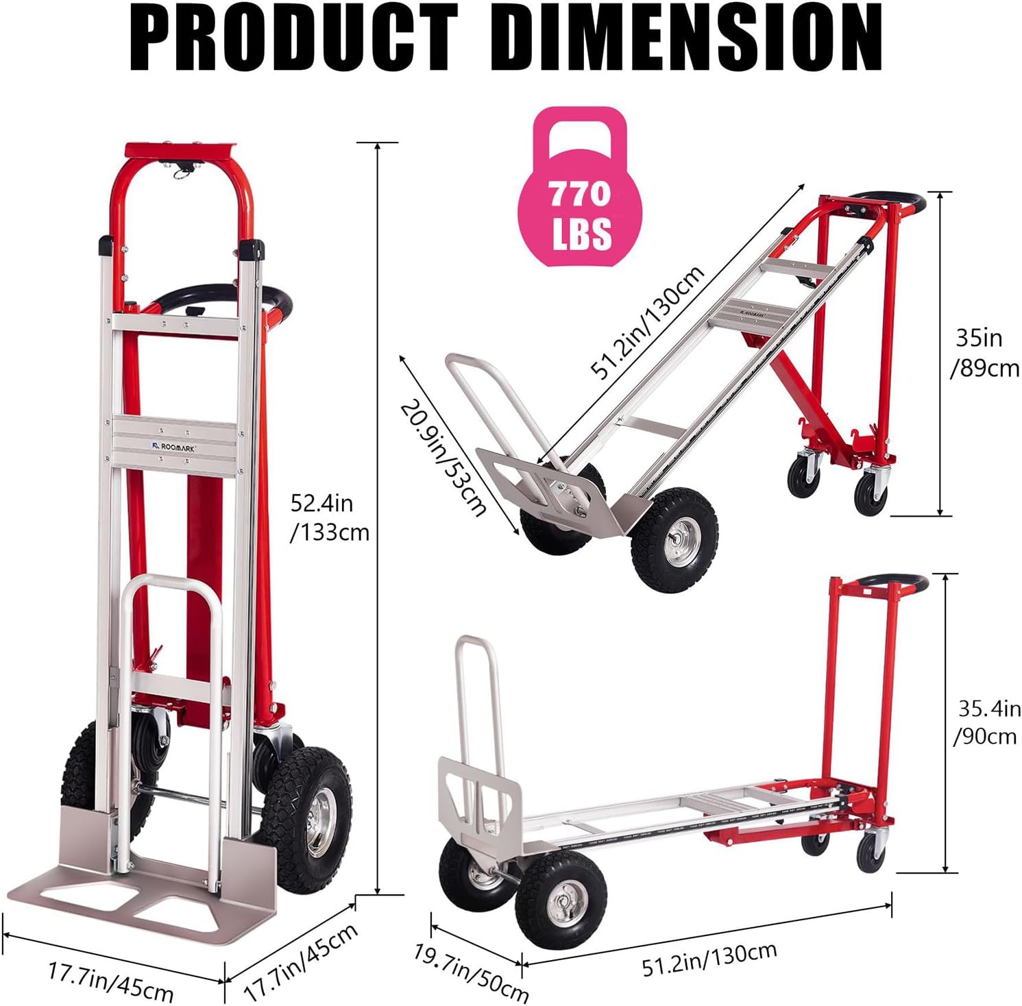 Folding Hand Truck Dolly, 4 in 1 Aluminum Dolly Heavy Duty with Rubber Handle, Folding Truck 770LB Capacity Weigth, Non-Slip Wheels, for Garage, Warehouse, Outdoor Delivery