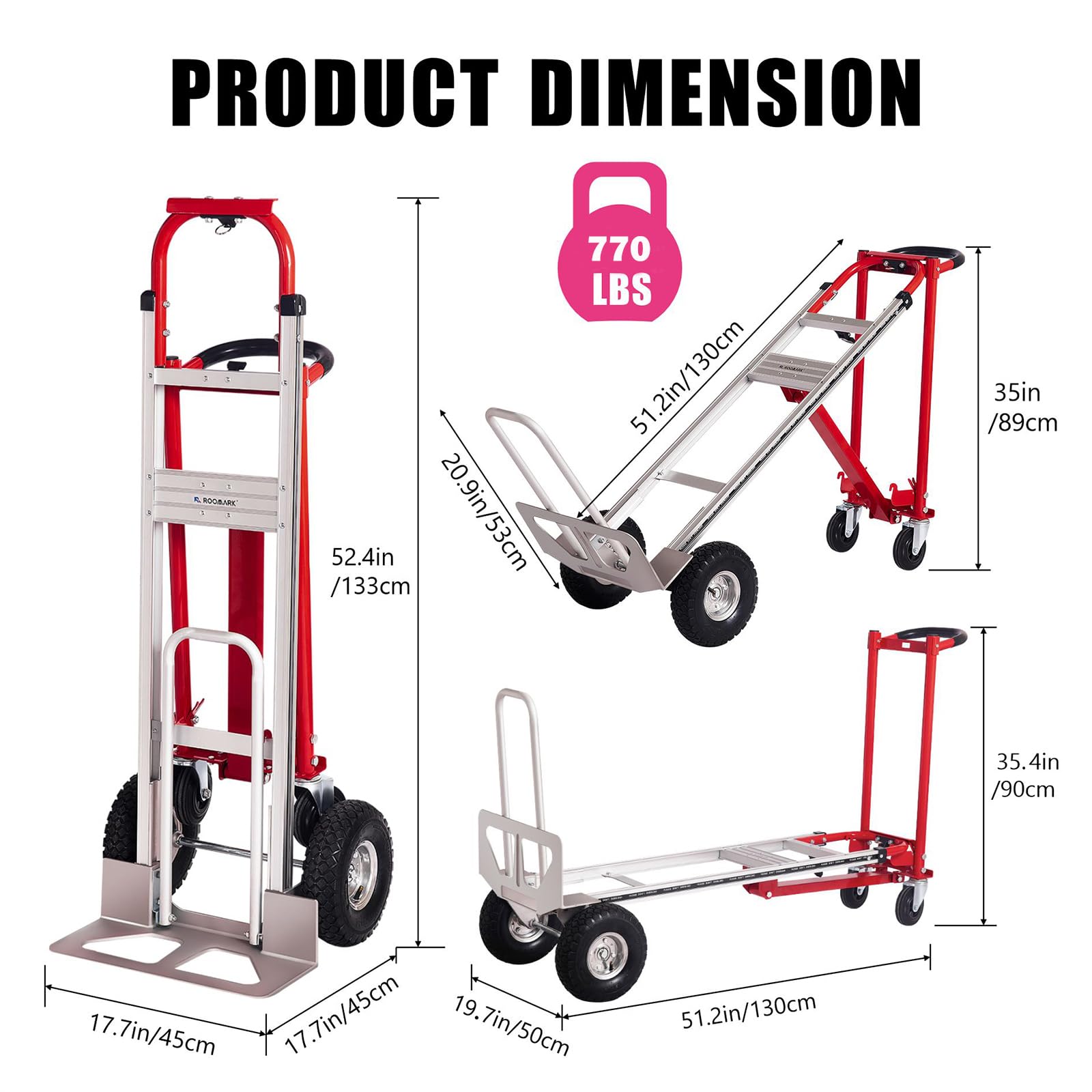 4-in-1 Sackkarre Klappbar Aluminiumlegierung, 363/454KG Tragfähigkeit,Plattformwagen Trolley mit Anti-Rutsch-Räder,Transportwagen Klappbar für Lade-&Transportaufgaben im Innen-&Außenbereich