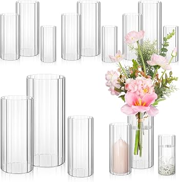 12 Pcs Glass Cylinder Vases for Centerpieces Clear Ribbed Tall Bud Vase for Flower Wedding Decoration Floating Candle and Indoor Home Decor, Housewarming Gift 6/8/10 Inch