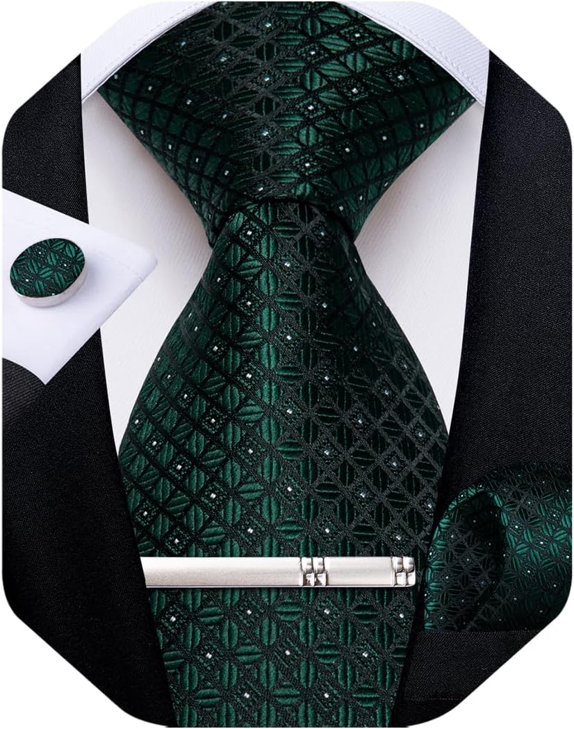 DiBanGu Silk Ties for Men Formal Plaid Check Necktie and Pocket Square Cufflinks Tie Clip Set Wedding Necktie with Gift Box