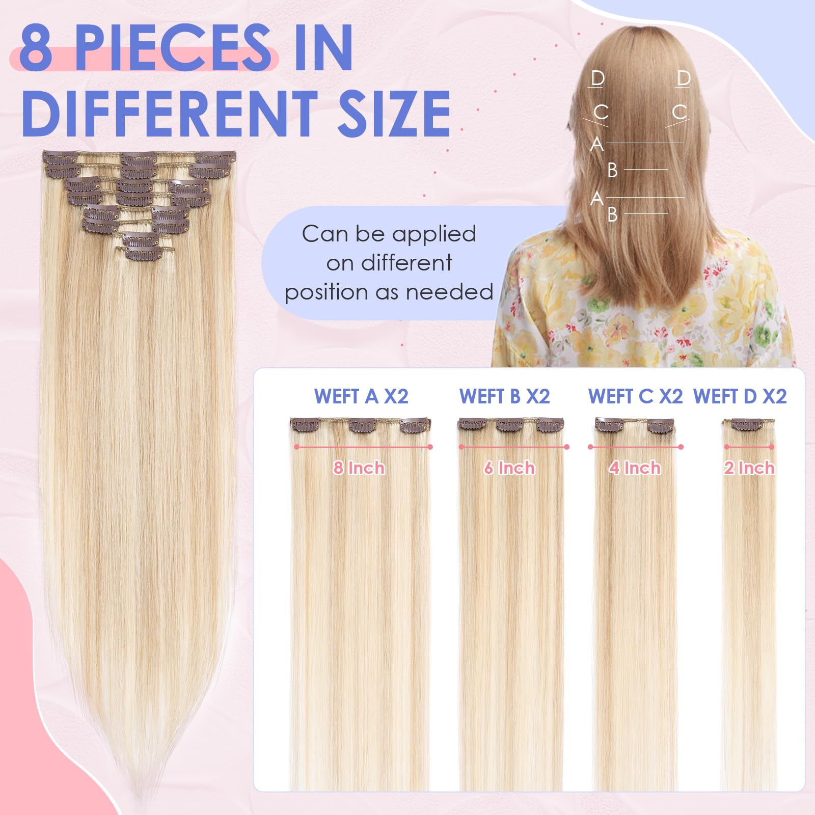 Elailite Clip in Hair Extensions Real Human Hair - 8 Pieces Thin Weft Full Head Remy Hair Straight - #18/613 Ash Blonde Mix Bleach Blonde - 8 Inch (45 g) - 5