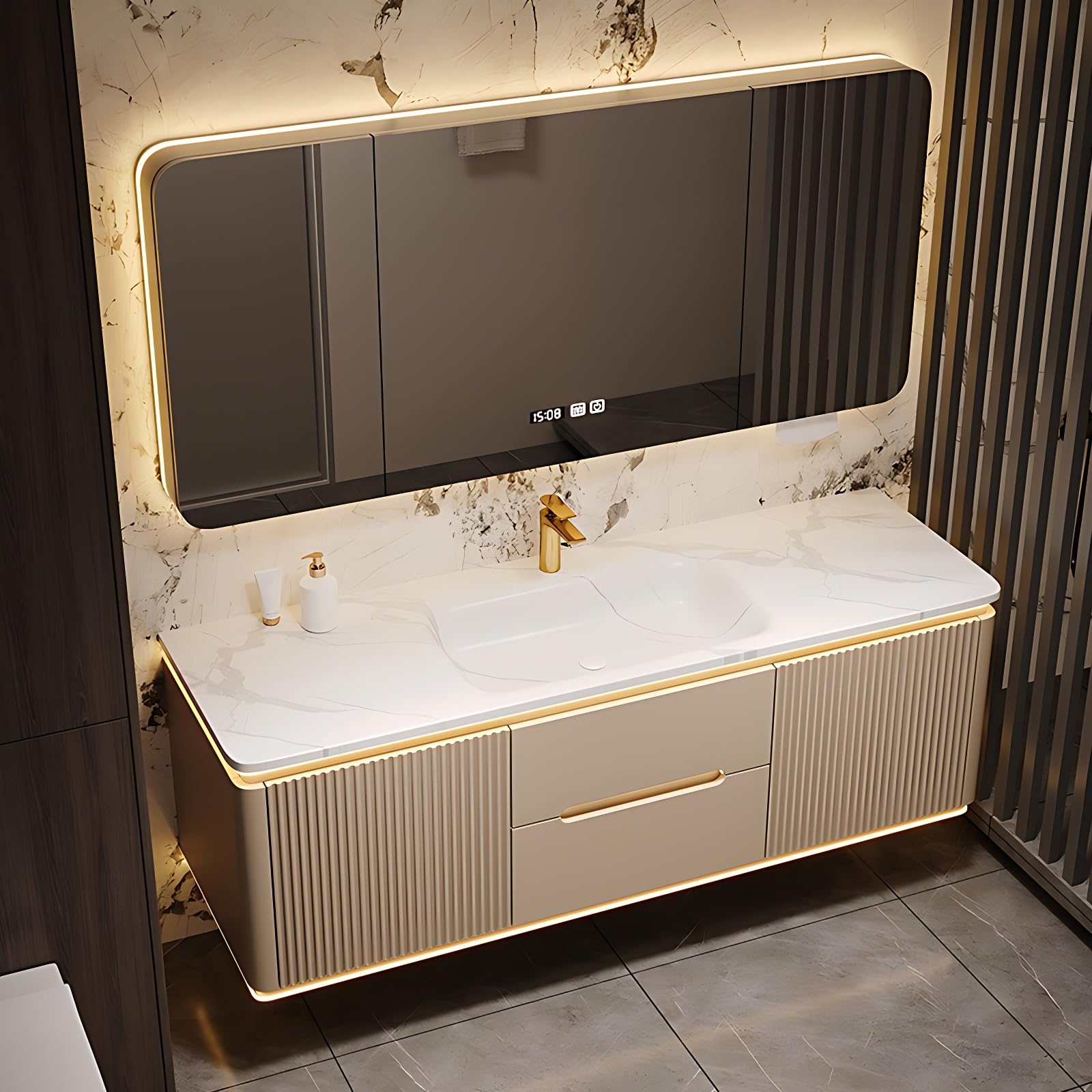 NAIROLET 36IN Bathroom Vanity with Sink - Single/Double Sink Bathroom Vanity, LED Light & One-Key Defogging, 2 Drawers & Grille Panel | Floating