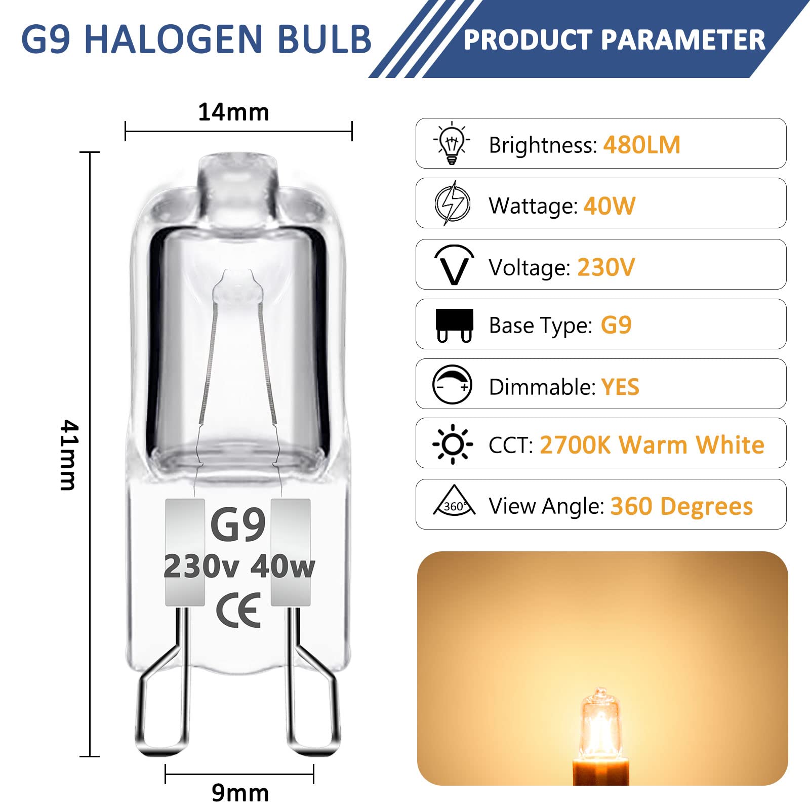 Caldarax Zestaw 12 żarówek halogenowych G9 40 W 230 V Możliwość ściemniania, ciepła biel 2700 K, 480 lm, bez migotania, tolerancja 300°C, żarówka halogenowa do piekarnika, mikrofalówki, żyrandoli