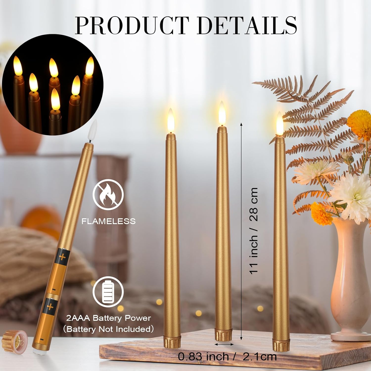 Handepo 48 Pack Flameless Taper Candles Realistic with Yellow Flickering Candlelights Plastic 11 Inch Last Long Battery Operated Window Candlestick for Halloween Christmas(Gold)