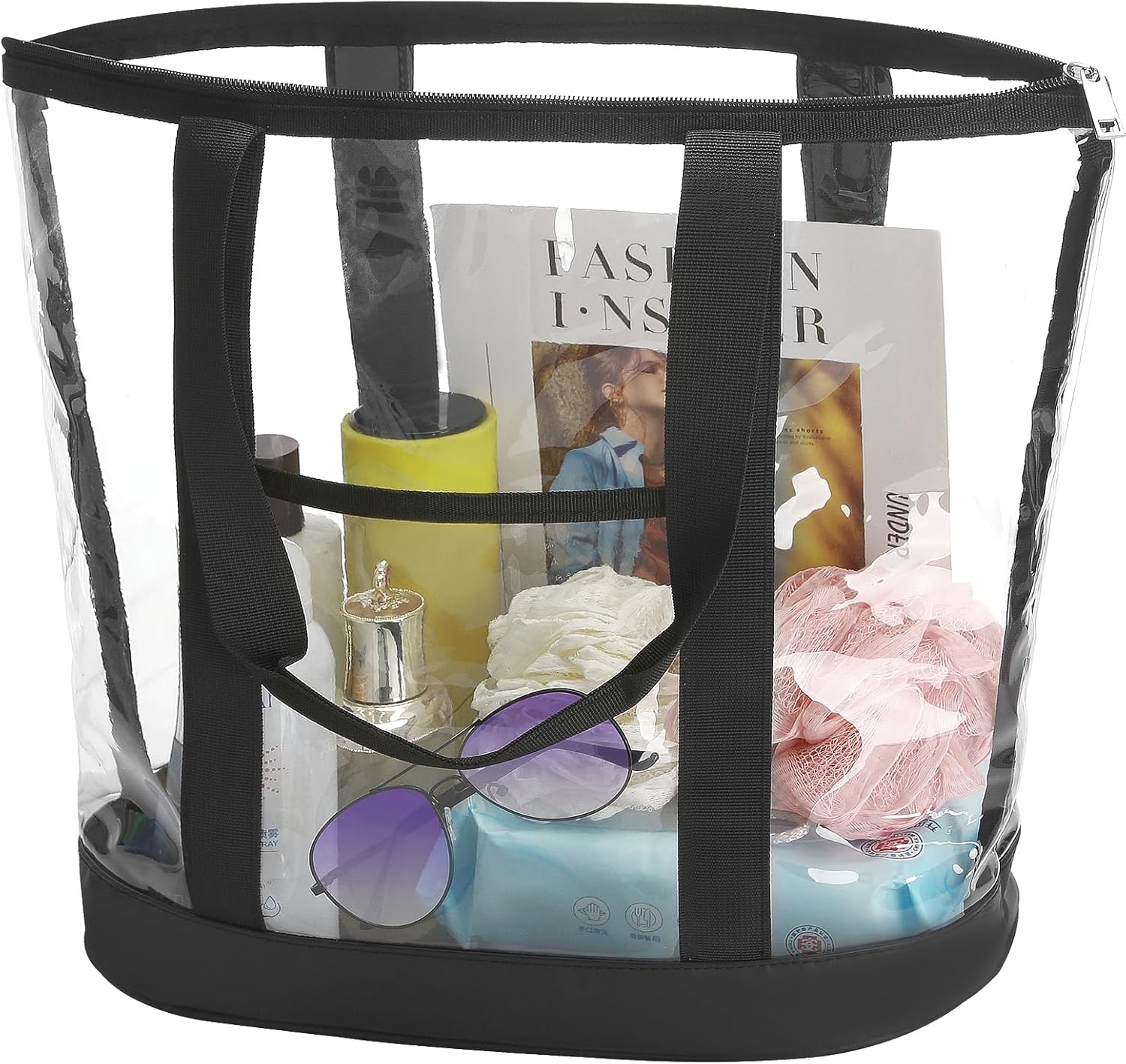 HAOGUAGUA Extra Large Clear Cosmetic Toiletry Makeup Travel Bag, Waterproof Transparent Plastic PVC Tote Shoulder Bag with Handles (BLACK)