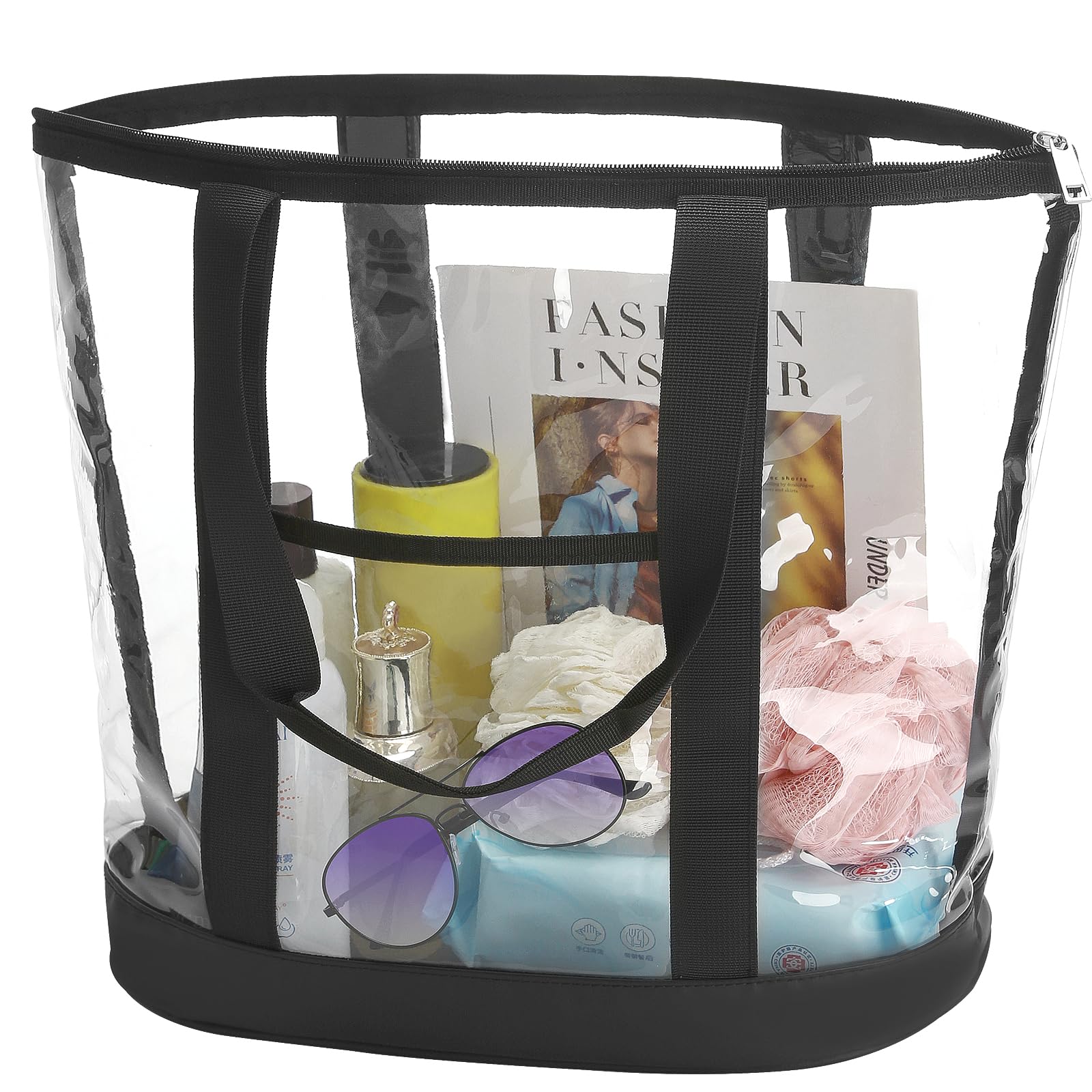 HAOGUAGUA Extra Large Clear Cosmetic Toiletry Makeup Travel Bag, Waterproof Transparent Plastic PVC Tote Shoulder Bag with Handles (BLACK)