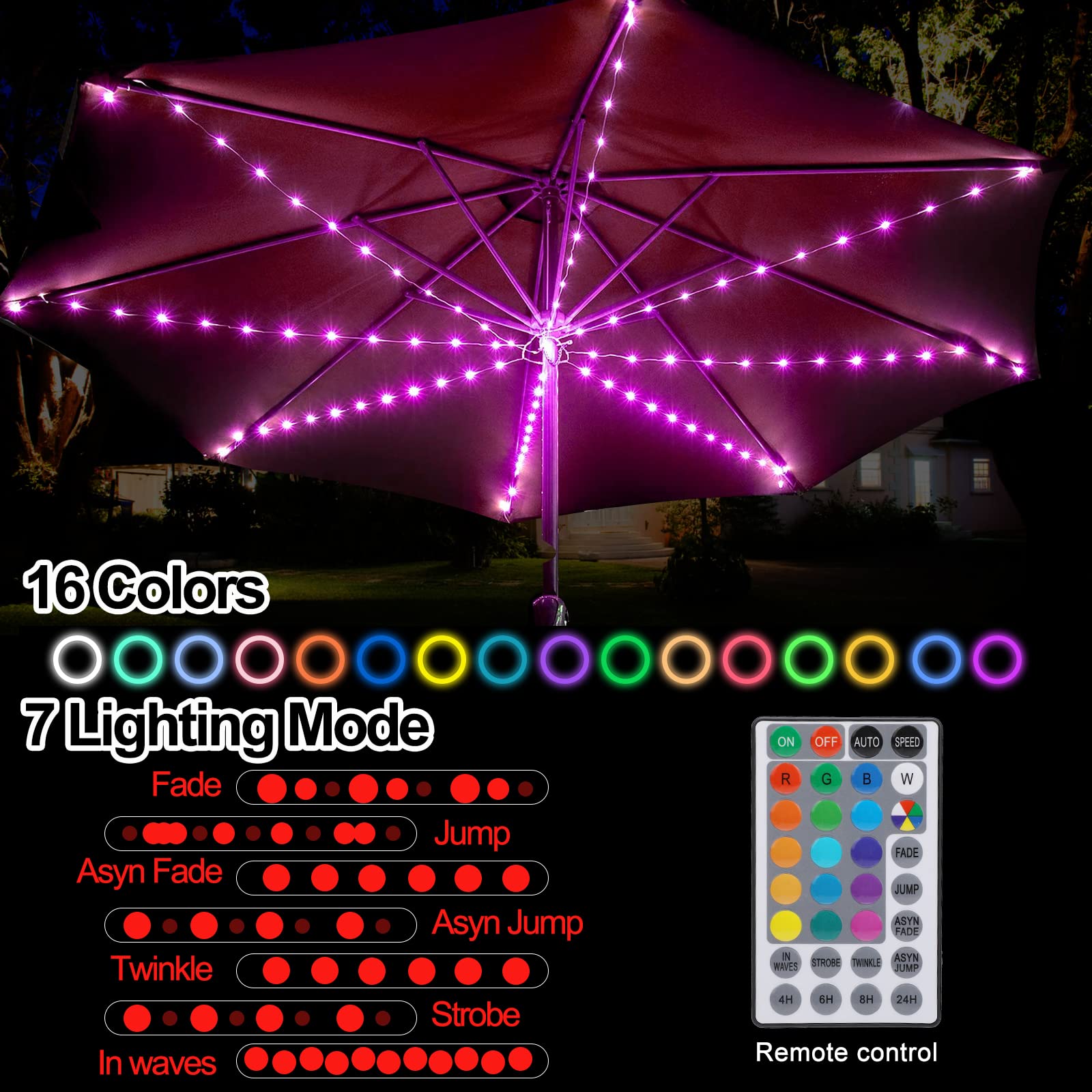 Luces solares para paraguas de patio, 104 luces LED impermeables solares con control remoto para paraguas de patio, tents de camping