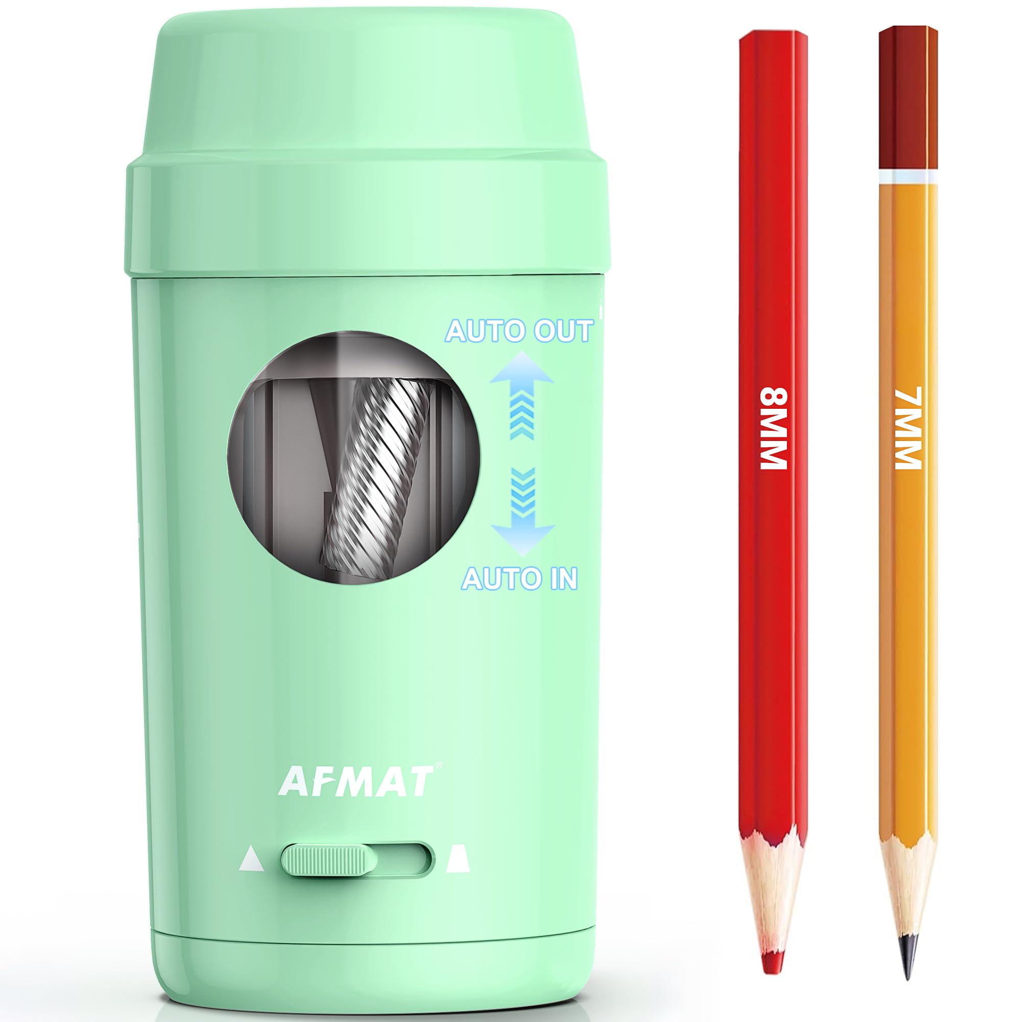 AFMAT PSX8 Electric Pencil Sharpener, Auto in & Out, Fully Automatic Pencil Sharpener for Colored Pencils, Rechargeable Hands-Free Sharpeners for φ7-8mm Pencils, Good for Classroom/Home, Light Green