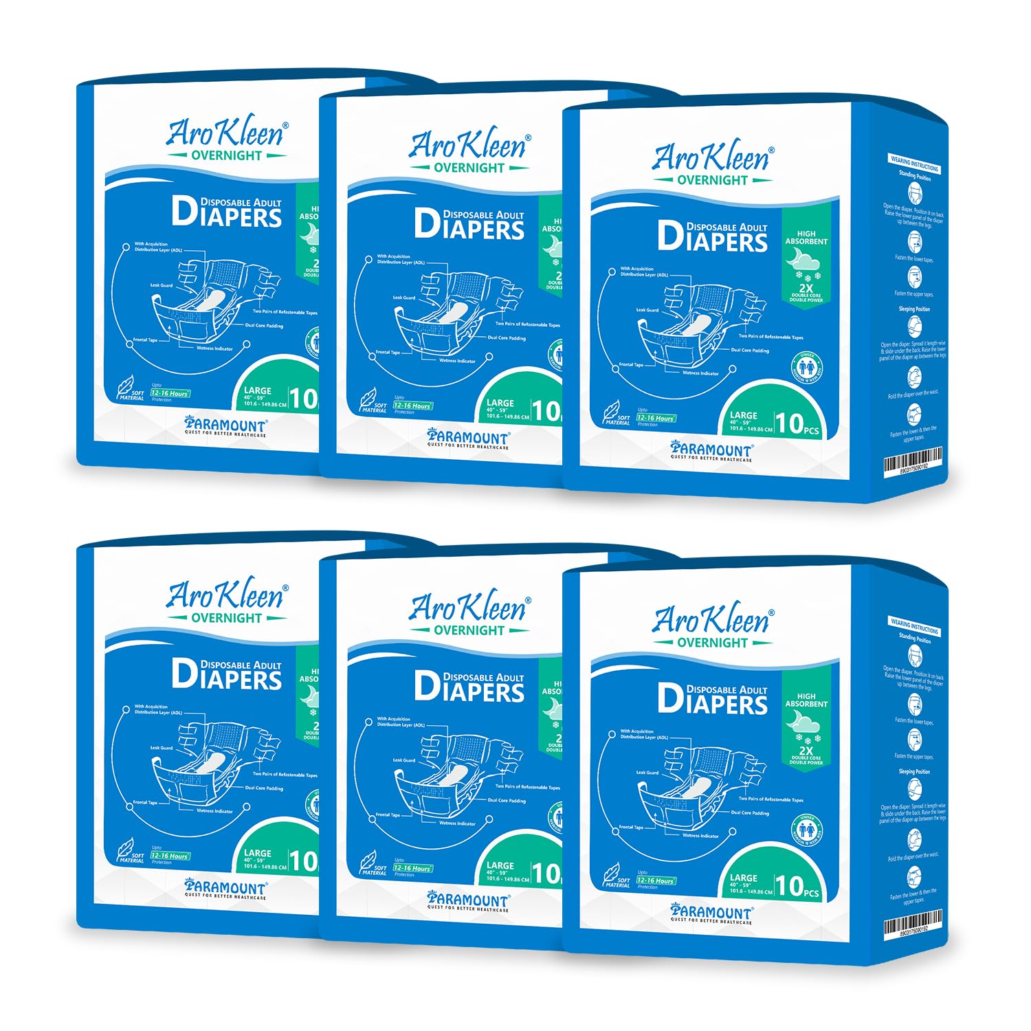 arokleen 2x dual core overnight 60 count adult diapers tape style | large (l) | waist size 101-150 cm (40"- 59") | 16 hr absorption protection | unisex | leak proof | wetness indicator- pack of 6