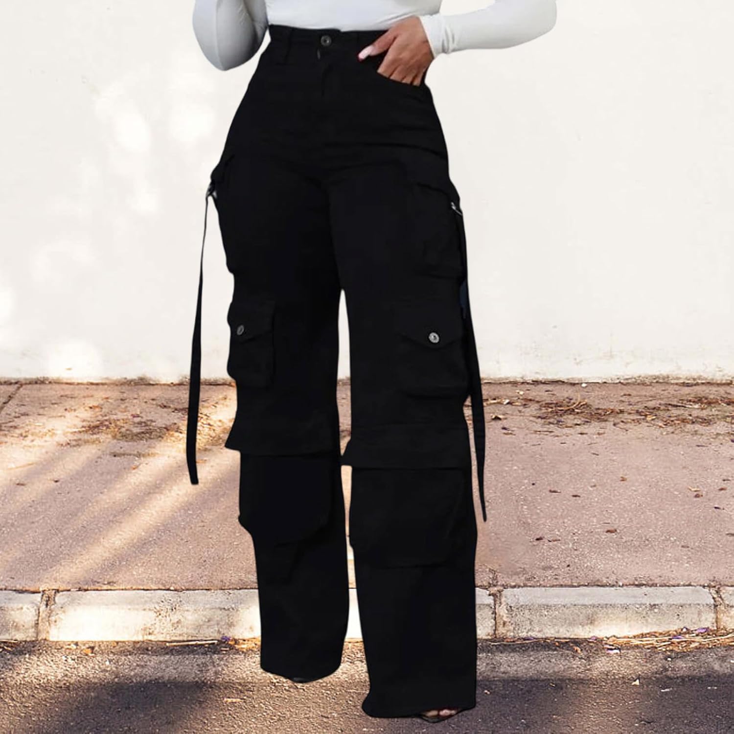 Women's Wide Leg Jeans High Waisted Cargo Pocket Baggy Stretchy Casual Denim Pants - Image 6