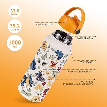Goetland Flowers Water Bottle 1l Beverage Bottle with Straw Lid Stainless Steel Wide Mouth Vacuum Insulated Cute UV Printing Leak Proof for Women Girls Kids Bright Yellow
