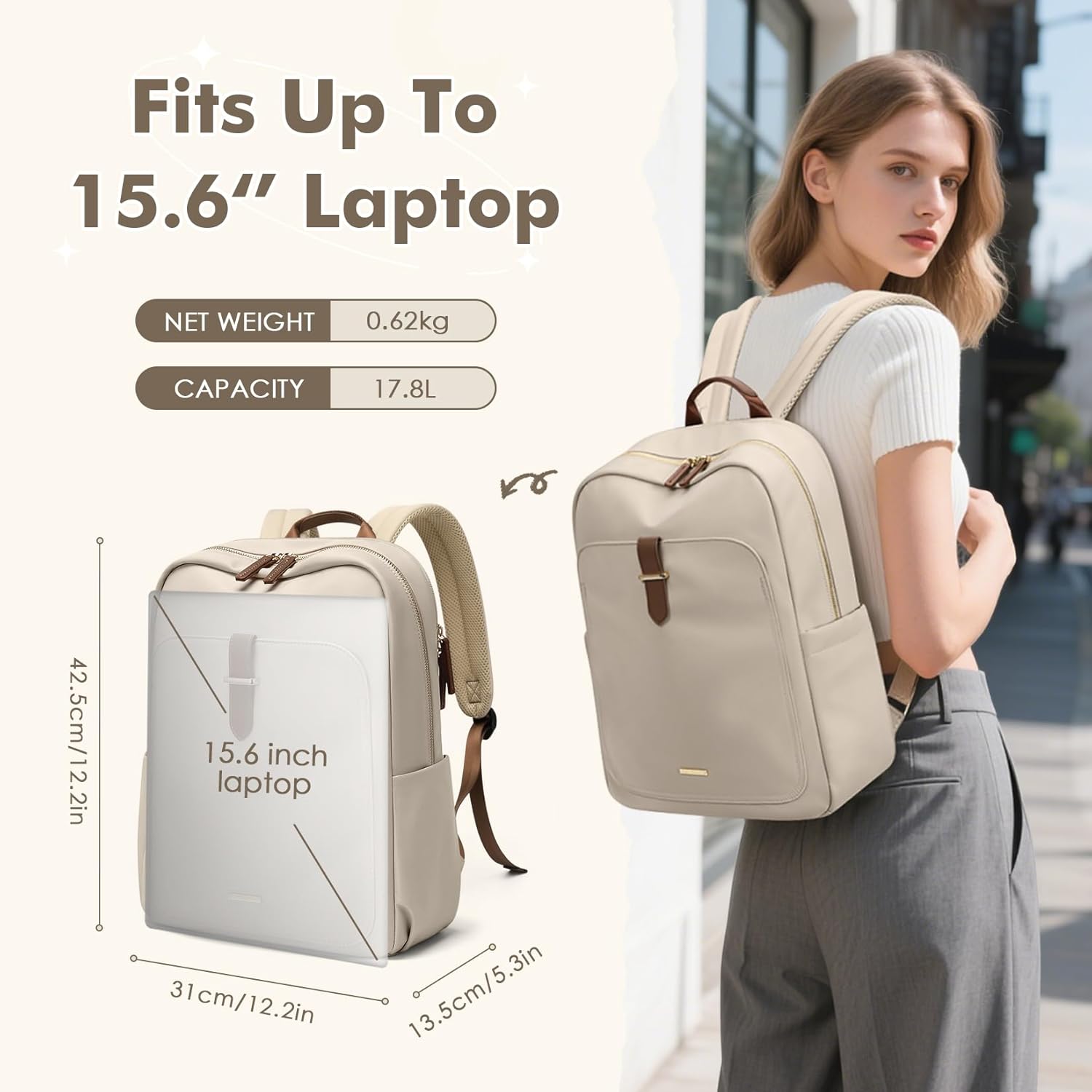 Laptop Backpack for Women,Casual Work Business Backpacks Purse Carry on Travel Backpack,15.6 Inch,Apricot - Image 4