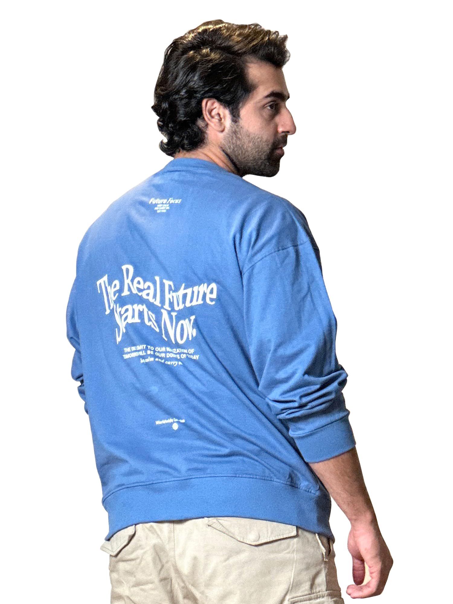 Maniac Mens Printed Round Neck Fullsleeve Denim Blue and White Cotton Sweatshirt-image-36