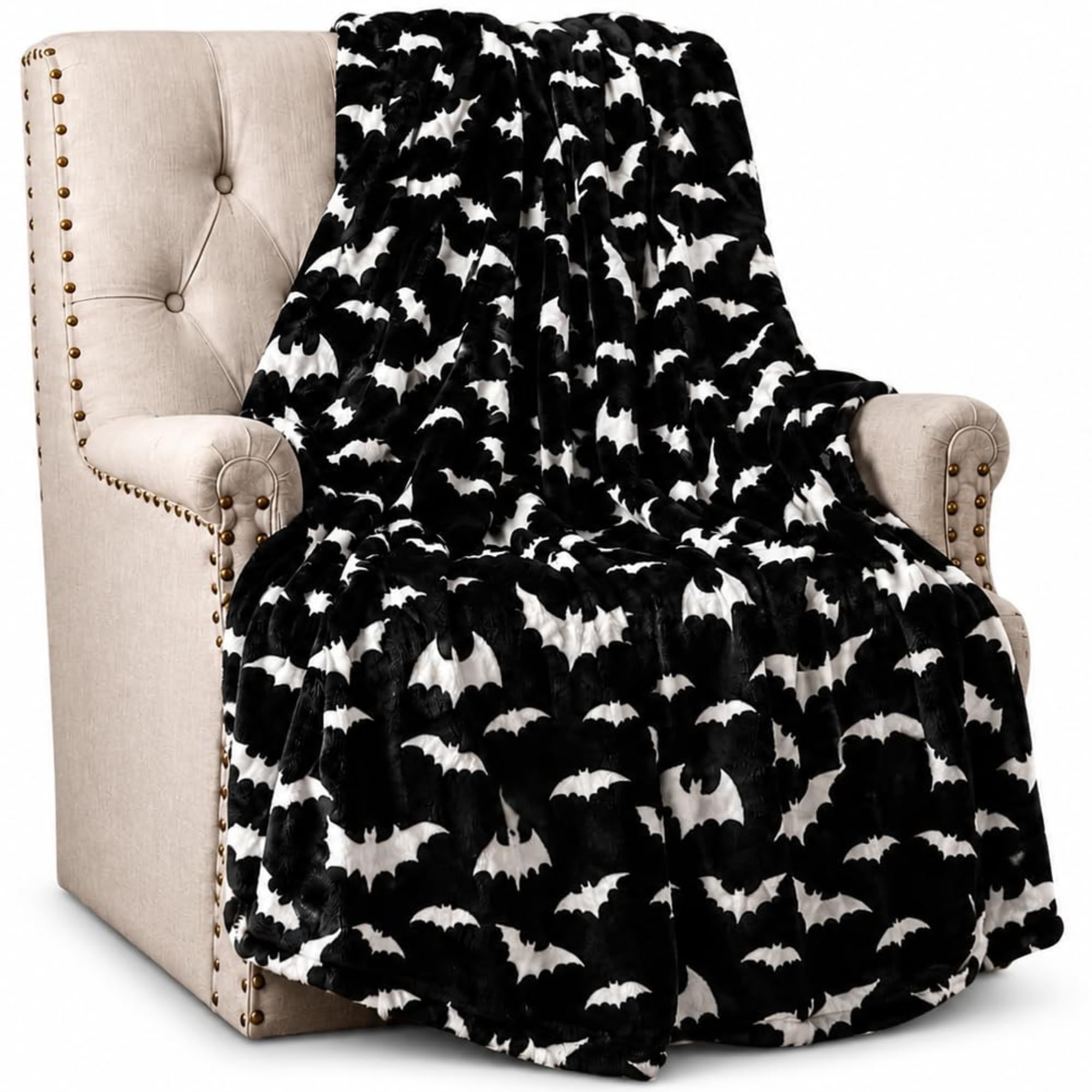 Serafina Home Spooky Halloween Throw Blanket for Couch or Sofa: Silver Night Bats on Black Design on Soft Velvet Fleece Oversized 50" x 70" — image 1