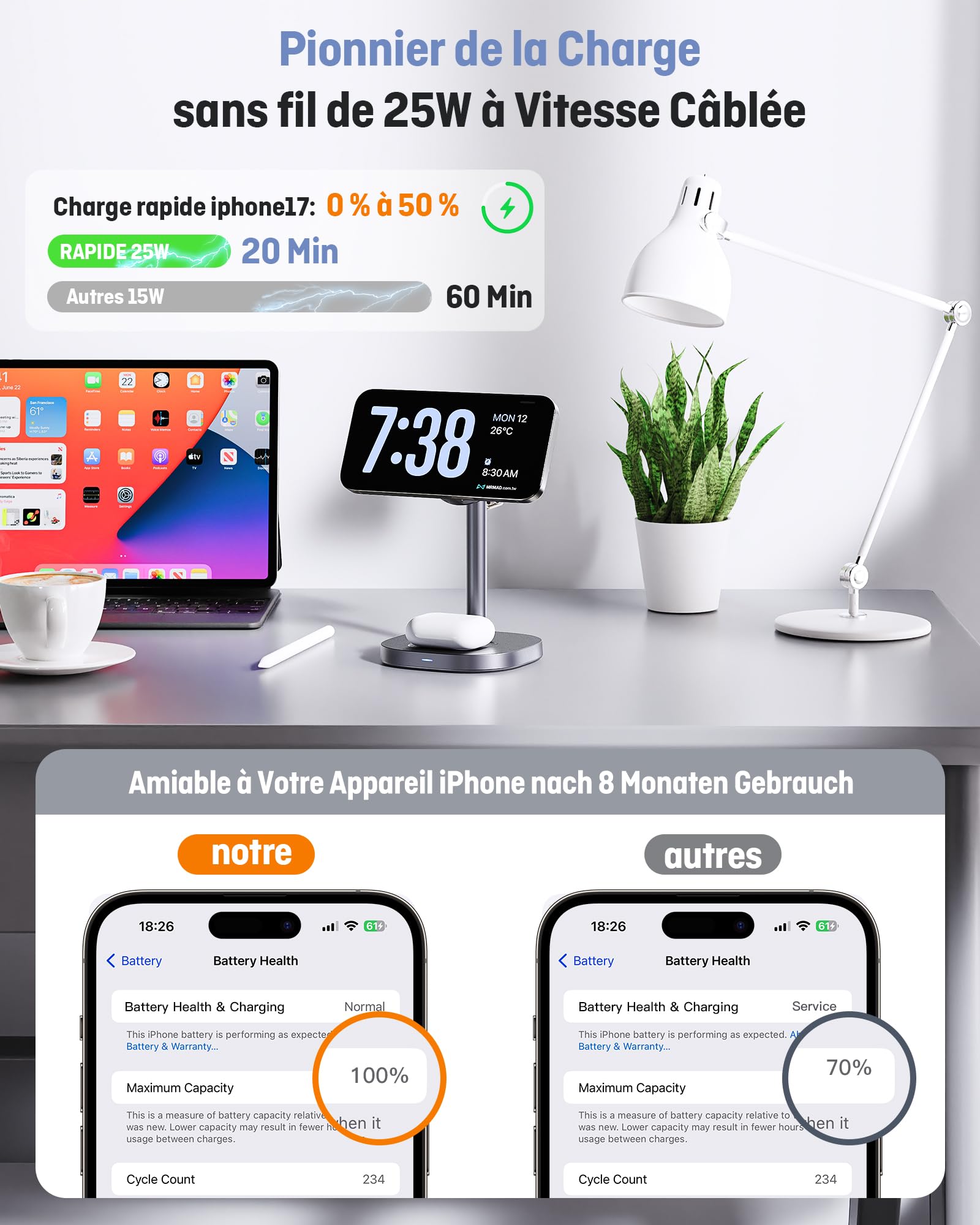 Station de Charge Magnétique Qi2.2 25W，Chargeur sans Fil 3 en 1 Pliable pour iPhone 17/16/15/14/13/12,Support de Recharge Qi2 Compatible pour Apple Watch AirPods, Adaptateur 45W Inclus