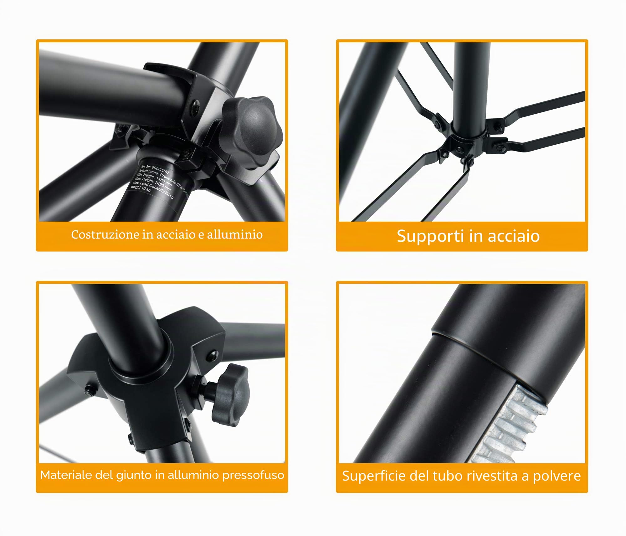 Pronomic SPS-C-10AS Statore a Manovella, Flangia diametro: 35 mm, Peso: 10 | Supporto per casse in acciaio e alluminio, Struttura stabile a treppiede extra larga, Gambe lunghe 90 cm per una base stabile
