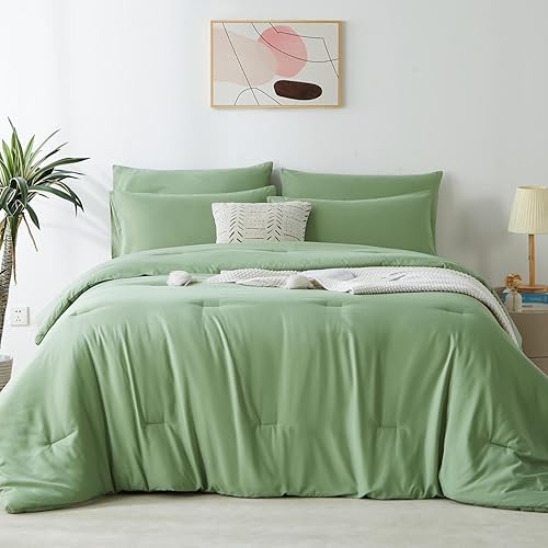 Miniatura 8 de KAKIJUMN Juego de edredón de 7 piezas en una bolsa, tamaño King, juego de edredón y sábanas estilo bohemio, estilo shabby chic, color verde salvia,