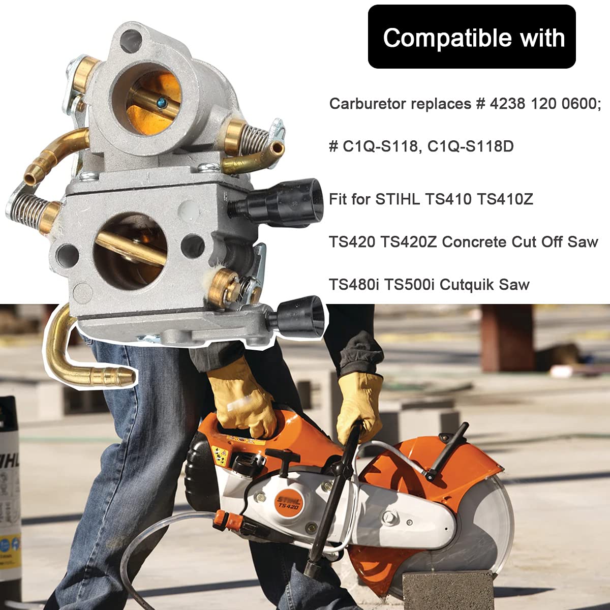 ZAMDOE Carburateur pour Sthil TS420 TS410 TS410Z TS420Z scie à béton, remplace # C1Q-S118 4238-120-0600, avec filtre à air 4238 140 1800 + conduite de carburant + bougie d'allumage