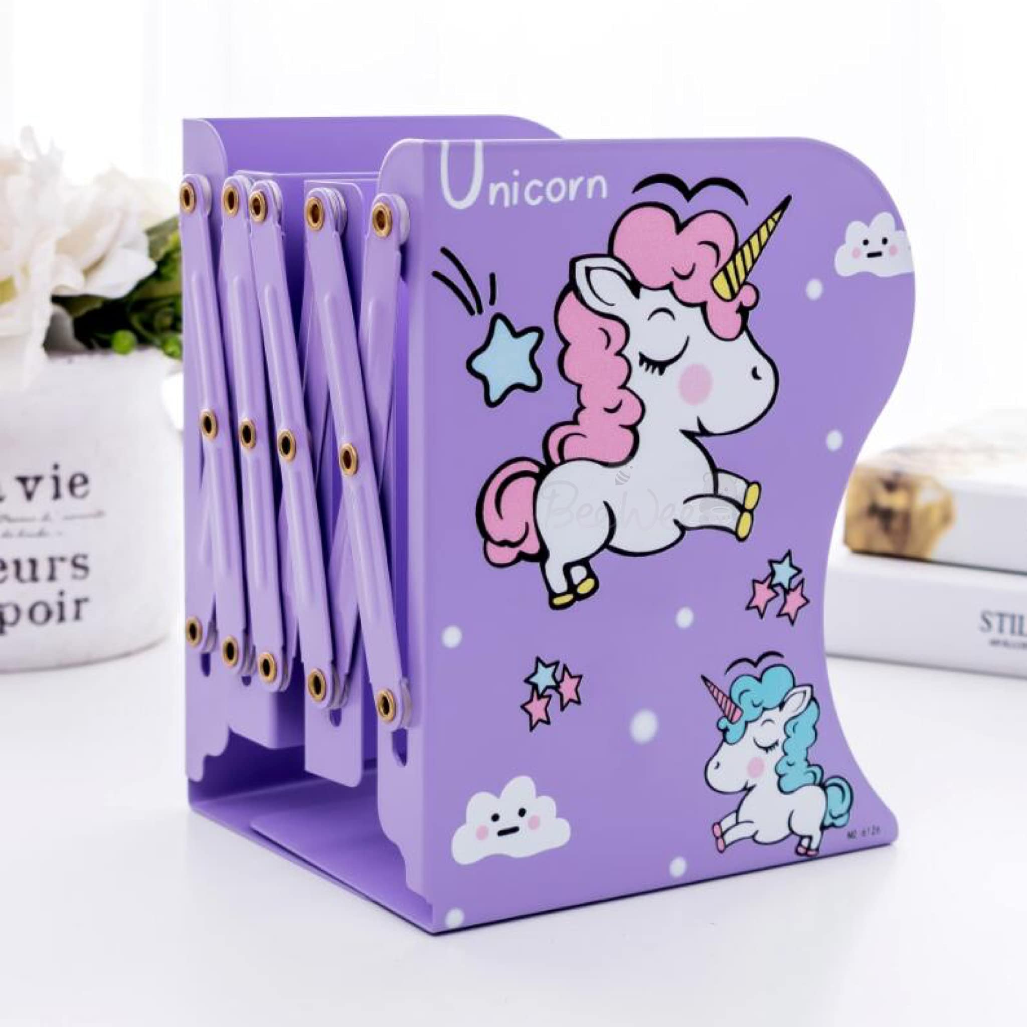 BeeWee Metal Bookends Unicorn Book Stand Shelf Organiser (Unicorn Purple) 2