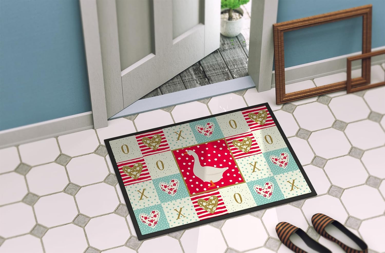 Caroline's Treasures CK5319MAT Embden Goose Love Doormat 18x27, Red Front Door Mat Indoor Outdoor Rugs for Entryway, Non Slip Washable Low Pile, 18H X 27W