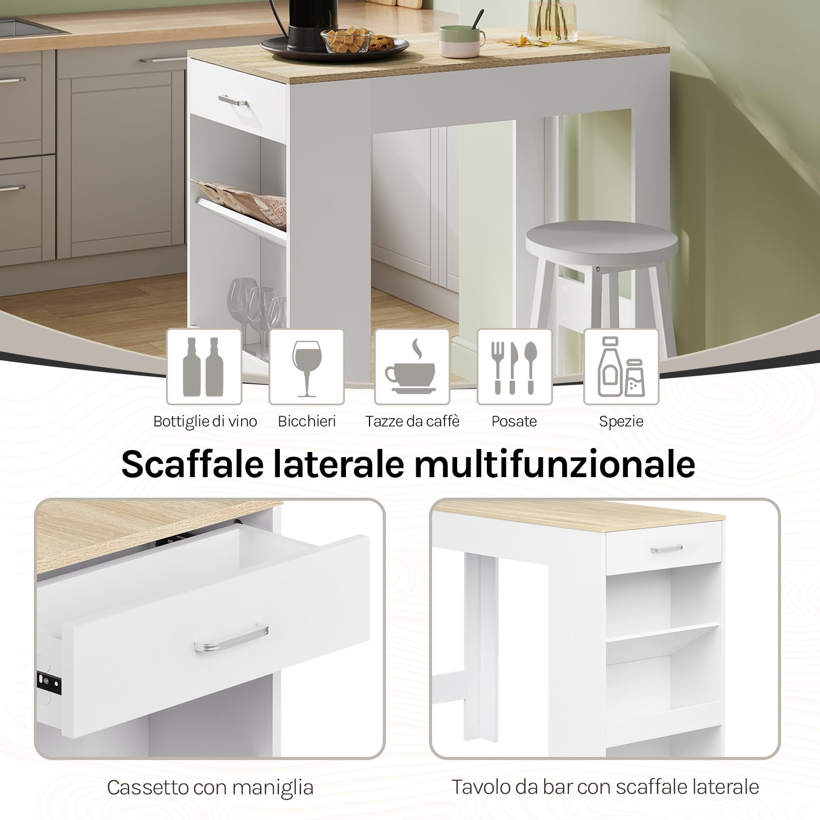 WOLTU Tavolo da Bar, Bancone da Bar con 1 Cassetto e 3 Ripiani, Tavolo Penisola per Cucina, Pub, Bistrot, Legno Ingegnerizzato (Con assi di legno, Bianco+Rovere Chiaro, 100 x 50 x100 cm)