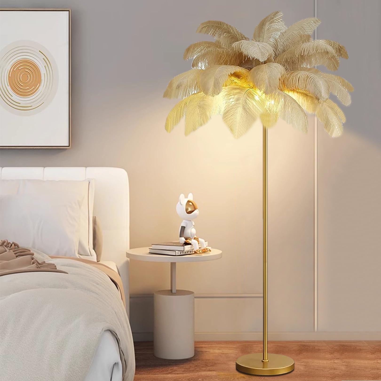 Lampe d'ambiance nordique salon avec plumes d'autruche naturelles et pied métallique