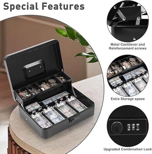 Miniatura 5 de KYODOLED - Caja de dinero grande con bandeja para dinero y cerradura, caja de metal segura, caja de seguridad, caja registradora, 5 compartimentos,