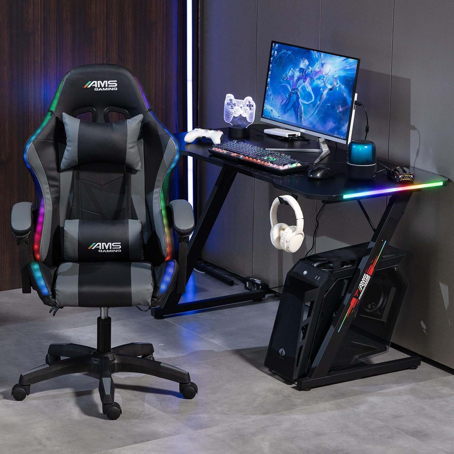 Bureau Gamer GAMERDESK#120Z-LED retroéclairage RGB - 1m20 - Style Carbone - Porte gobelet & Casque - Télécommande