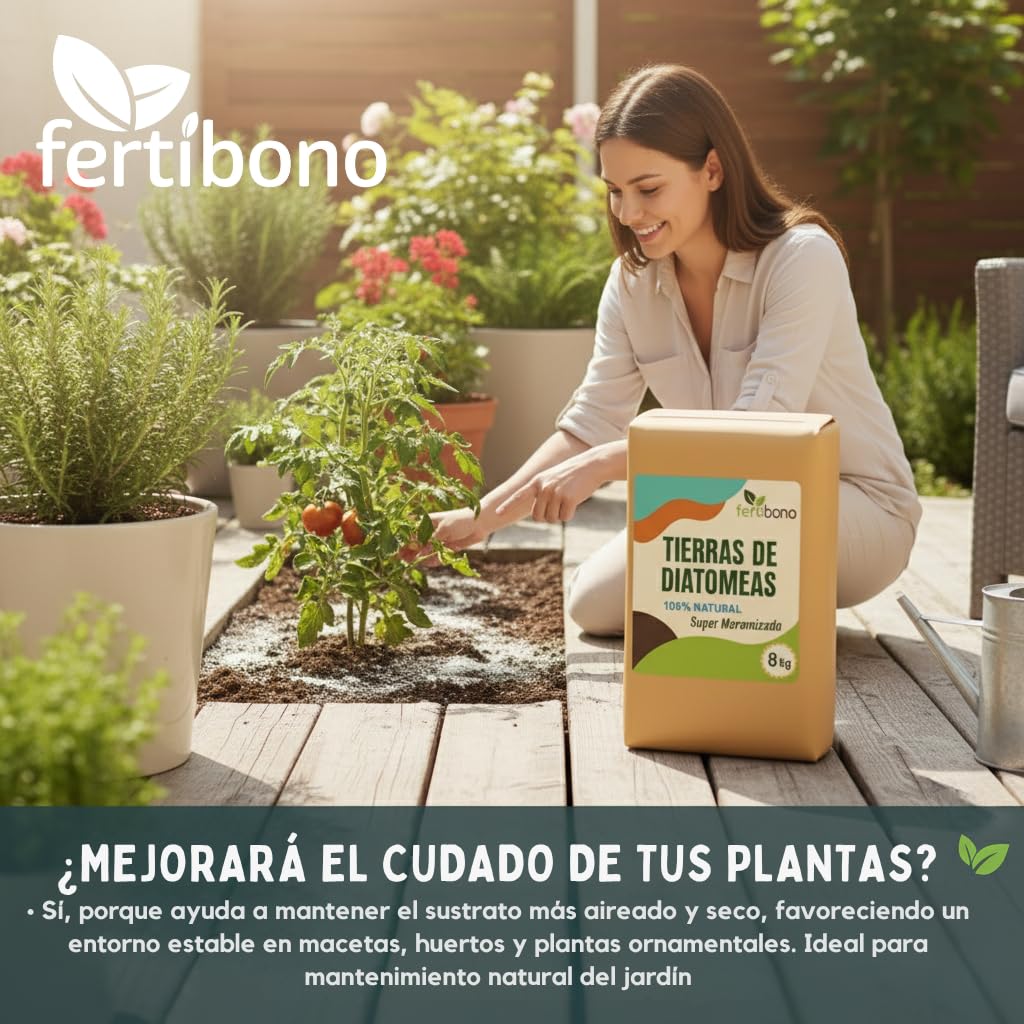 FERTIBONO Tierra de diatomeas 8 kg · Super micronizada · Multiusos para jardín, plantas y gallineros · Polvo natural fácil de aplicar