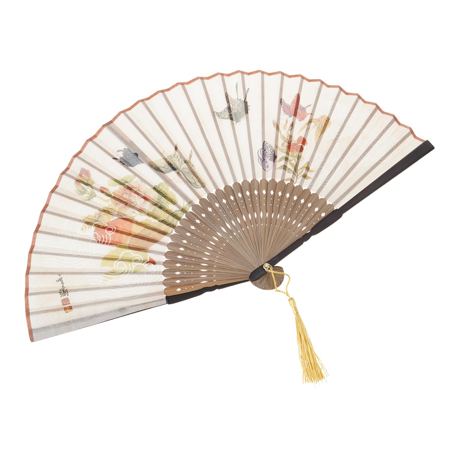 Jazuaiao Chinese Vintage Butterfly Flower Pattern Foldable Fan Wood Frame with Cotton Linen Handheld Folding Fan with Tassels Chinese Culture Enthusiasts