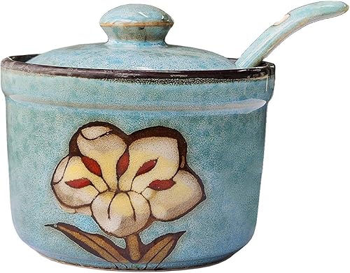 123Arts Cerámica Retro Flor Azúcar Sal Pimienta Tarro de Almacenamiento de Condimentos con Tapa Y Cuchara