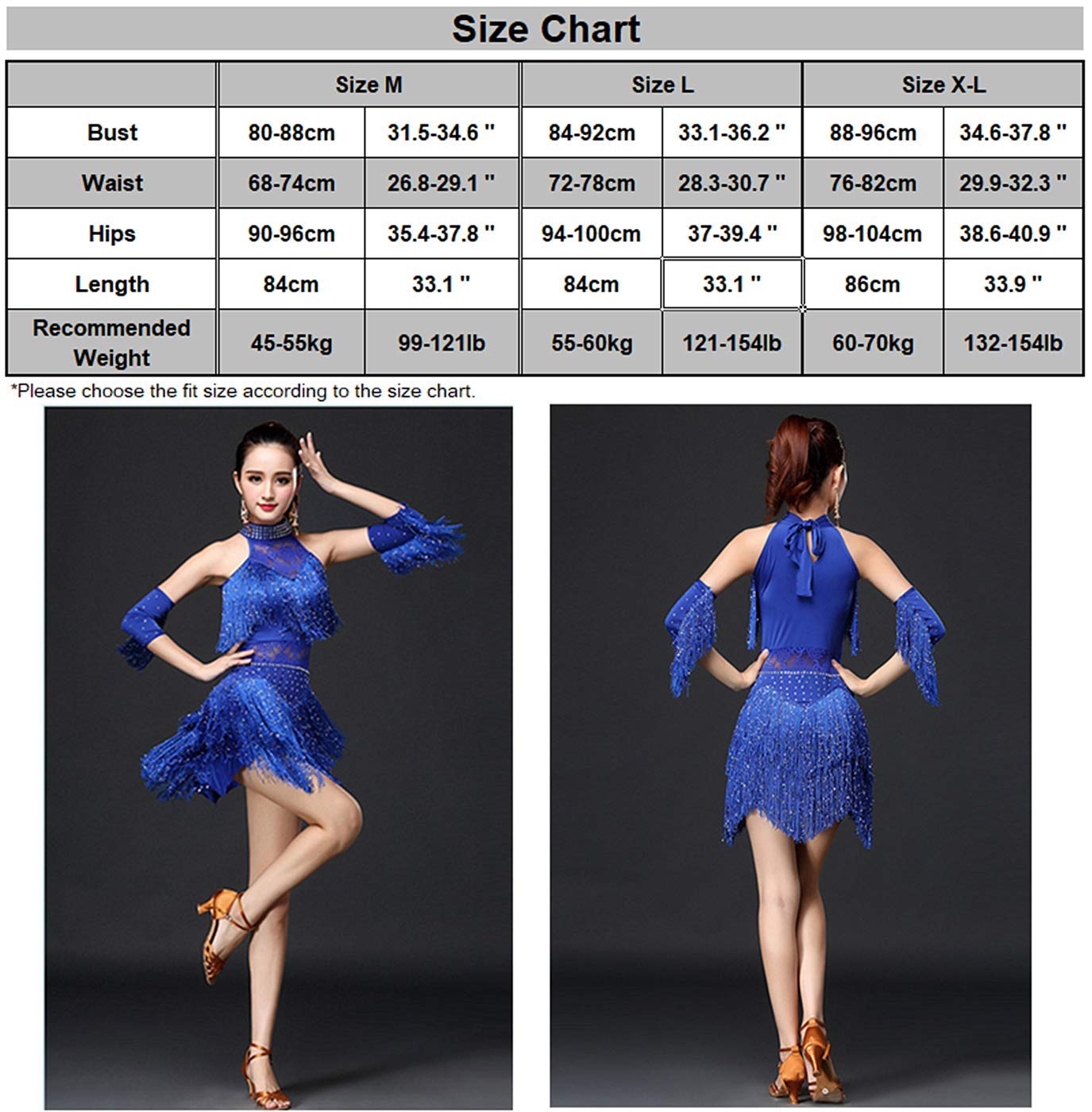 TALENT PRO Women Rhinestone Tassel Flapper Latin Rumba Dance Performance Dress Party Dress 4 Pieces Outfit Royal Blue (X-Large)