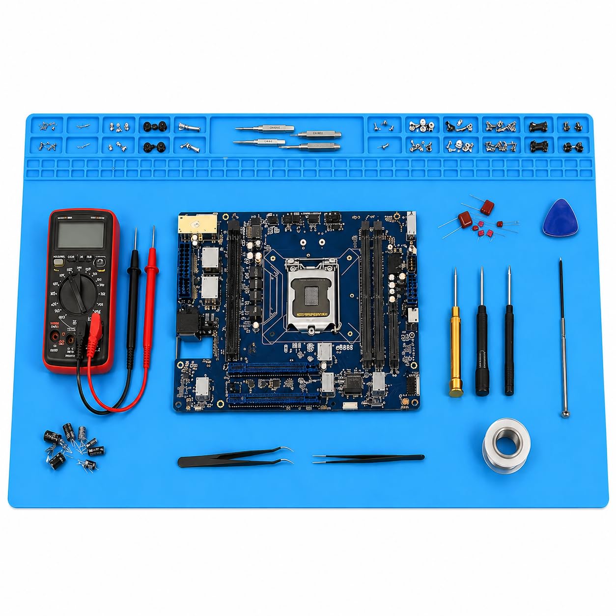 Extra Large Soldering Mat 70x40cm, 500°C Heat Resistant Heavy Duty Silicone Workbench Mat, Professional Repair Pad with Organizing Compartments & Ruler for Laptop, MacBook, Drone, Electronics Repair