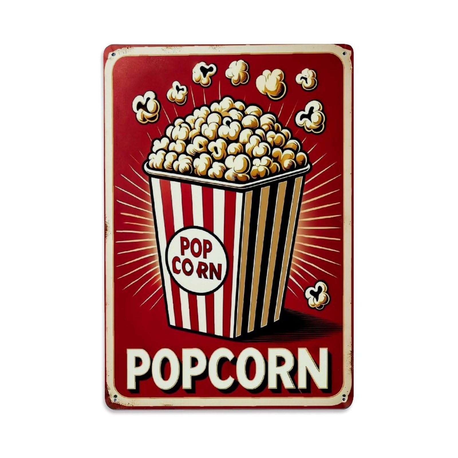 Jdfenggu Vintage Popcorn Bucket Stripes Red Background Retro Metal Tin Sign, Decor Art Poster For Bar, Home, Man Cave, Kitchen, Laundry Room Gift 8X12inch