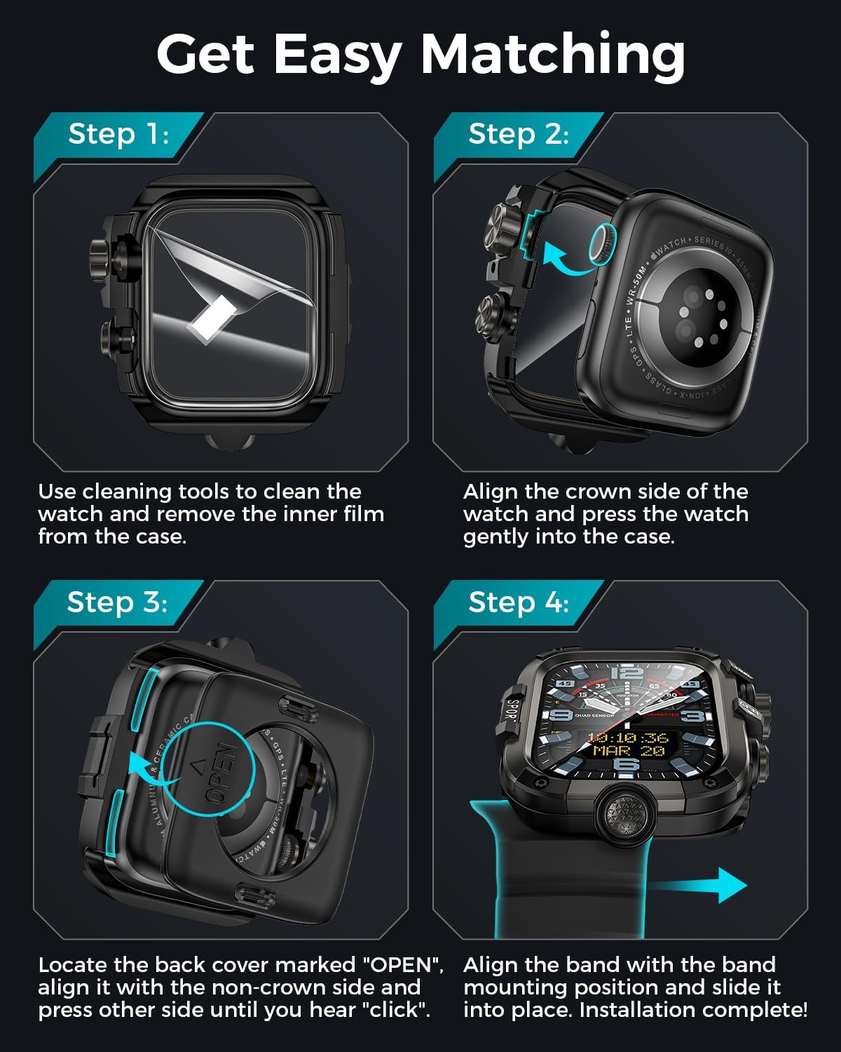 Goton Rugged Case and Band Kit with Screen Protector for Apple Watch 46mm, Compatible with Apple Watch Series 11/10, Full Body Shockproof Metal+PC Bumper Cover with Silicone Band, Black - Image 6