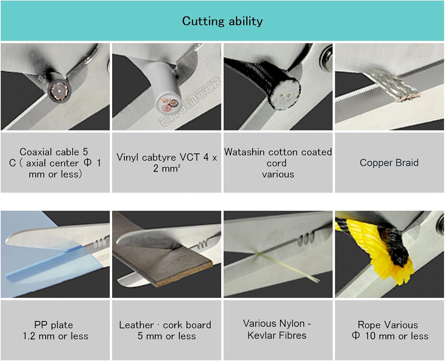 ENGINEER PH-57 8.3" Heavy Duty Combination Scissors, Made in Japan Multipurpose Shears, cuts kevlar fibre, leather belts, mains cable,copper braid, coaxial cable, rope & more.