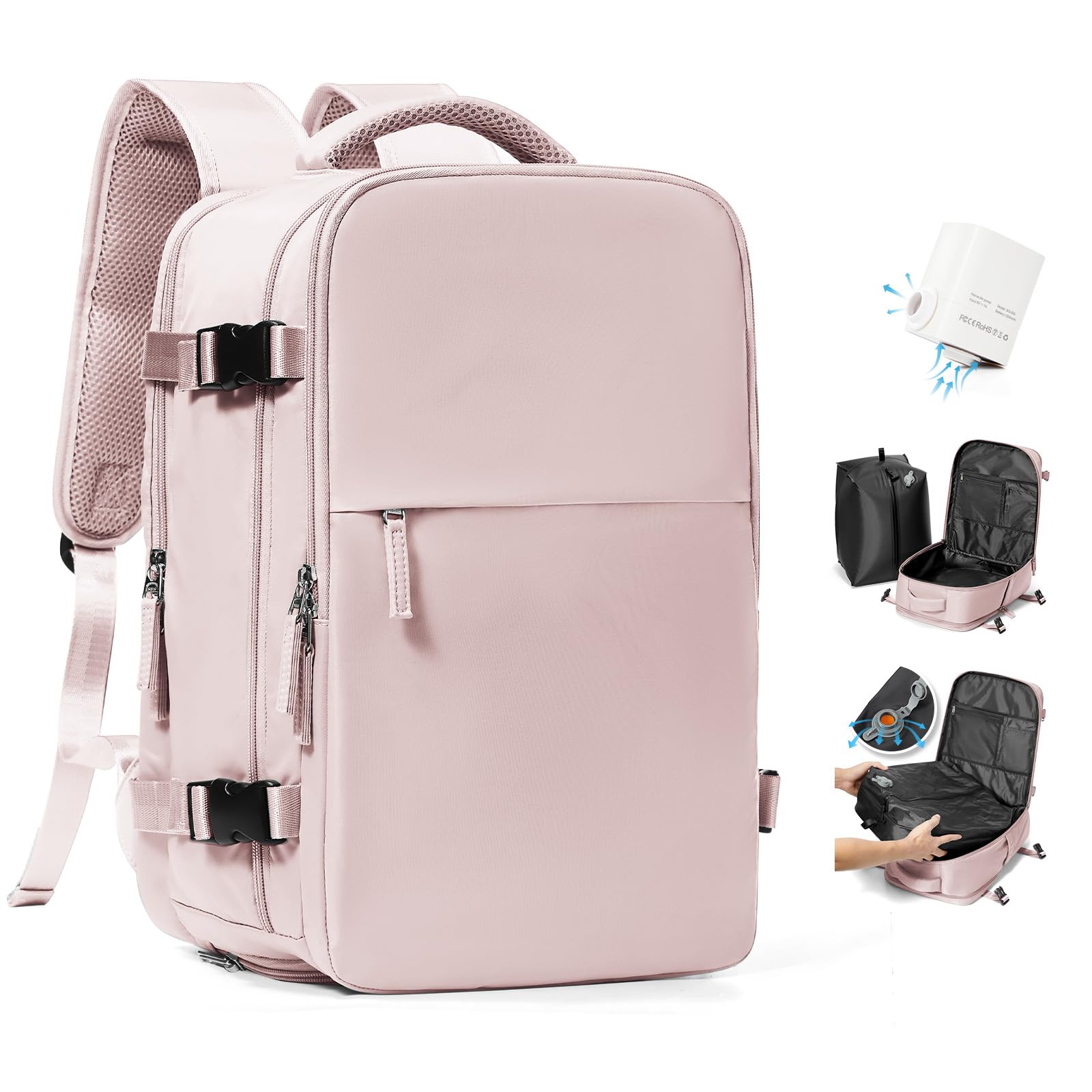 HPLQQ Zaino Ryanair 40x30x20 Zaino Sottovuoto da Viaggio con Pompa Aereo Bagaglio a Mano Borsa da Cabina per Uomo e Donna Lavoro e Scuola Casual Daypack Impermeabile per laptop 14",M-Rosa Chiaro