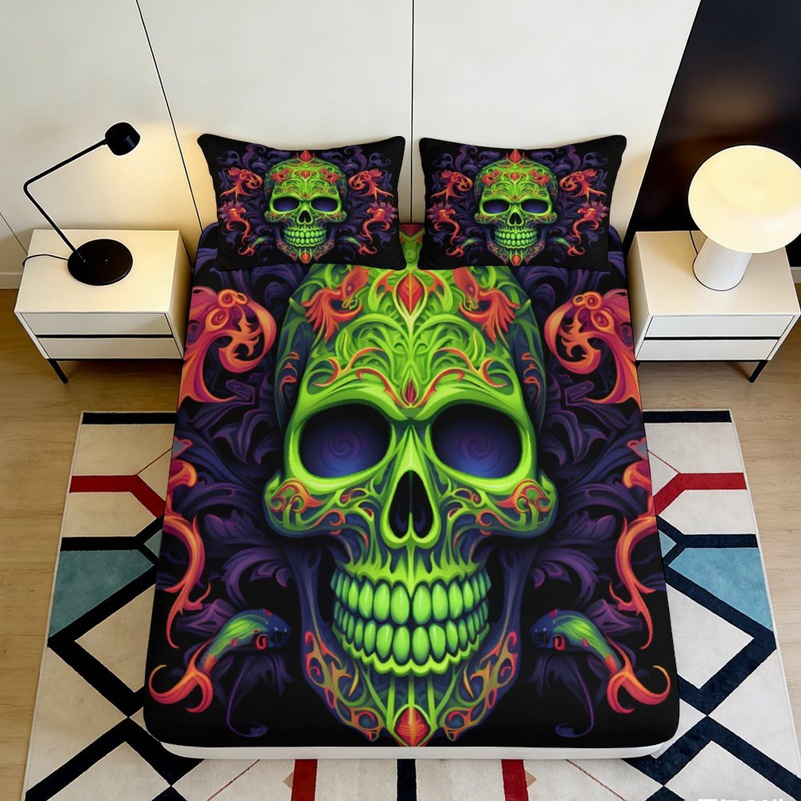 Tjiqhvmrn Style-3 3D Printed Neon Skull Fitted Sheet Microfiber Deep Pocket Non-Slip Bedroom Bedding Neon Skull Mattress Fitted Cover Full Wrap Washable For Adults Teens 90X200x25cm