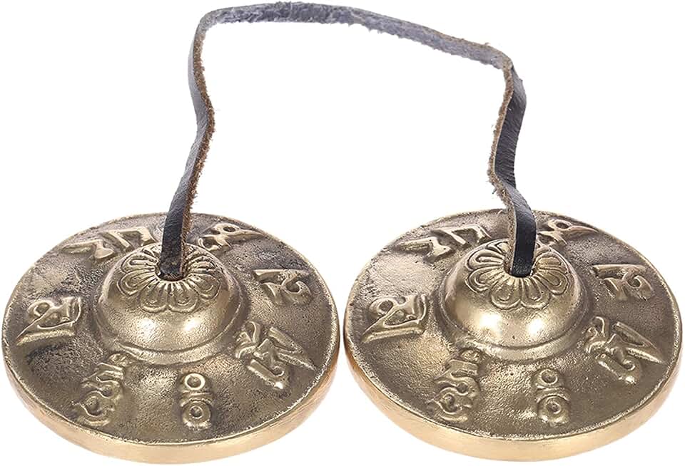 Btuty Campana de meditación tibetana hecha a mano con símbolos budistas de la suerte de 6,5 cm
