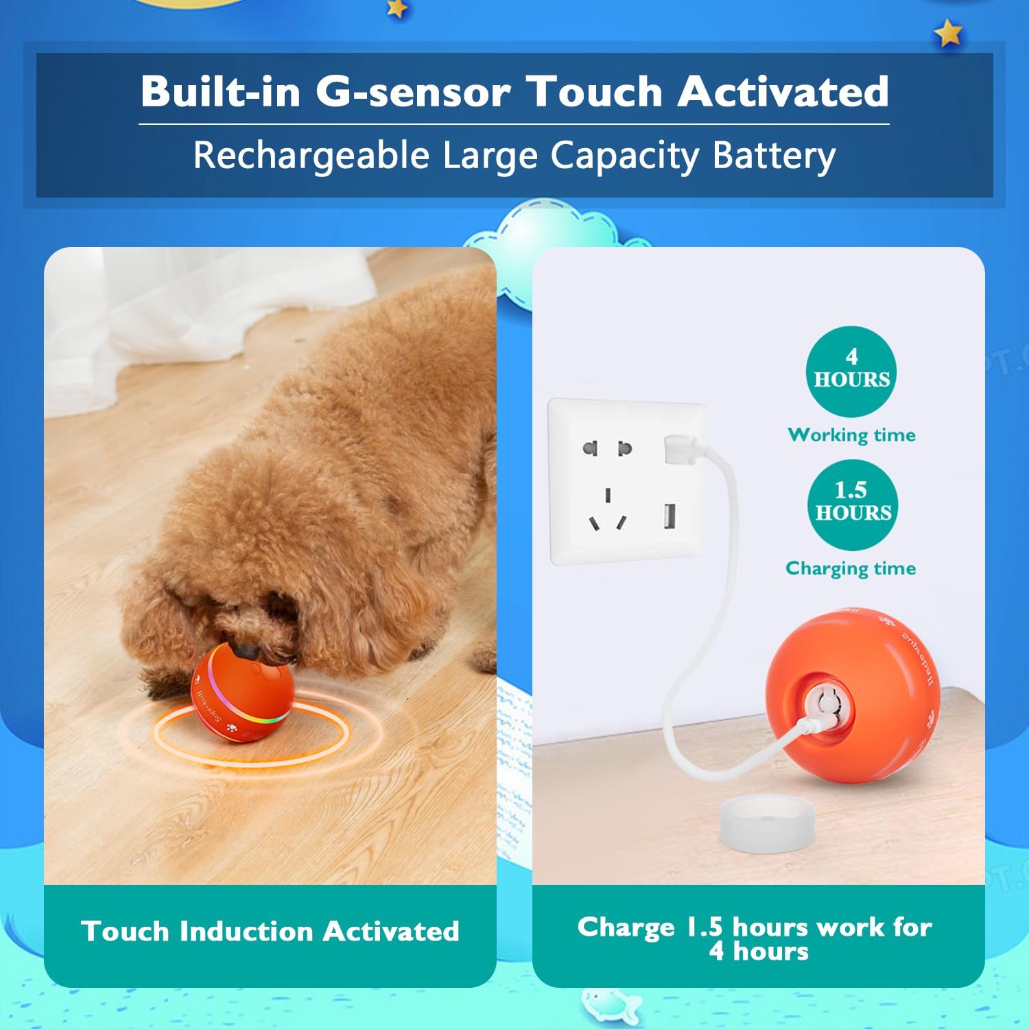 Petiepaw Jouet balle interactive pour chien, robuste, à roulement automatique, pour chiots, petits, moyens chiens, rechargeable par USB (Orange)