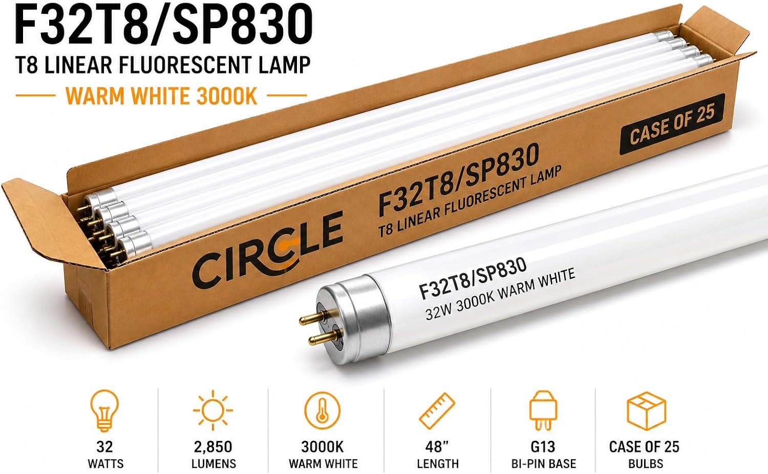 Circle (Case of 25 F32T8/SP830 Warm White Linear Fluorescent 32-Watt T8 FO32 3000K Light Bulbs 48inches